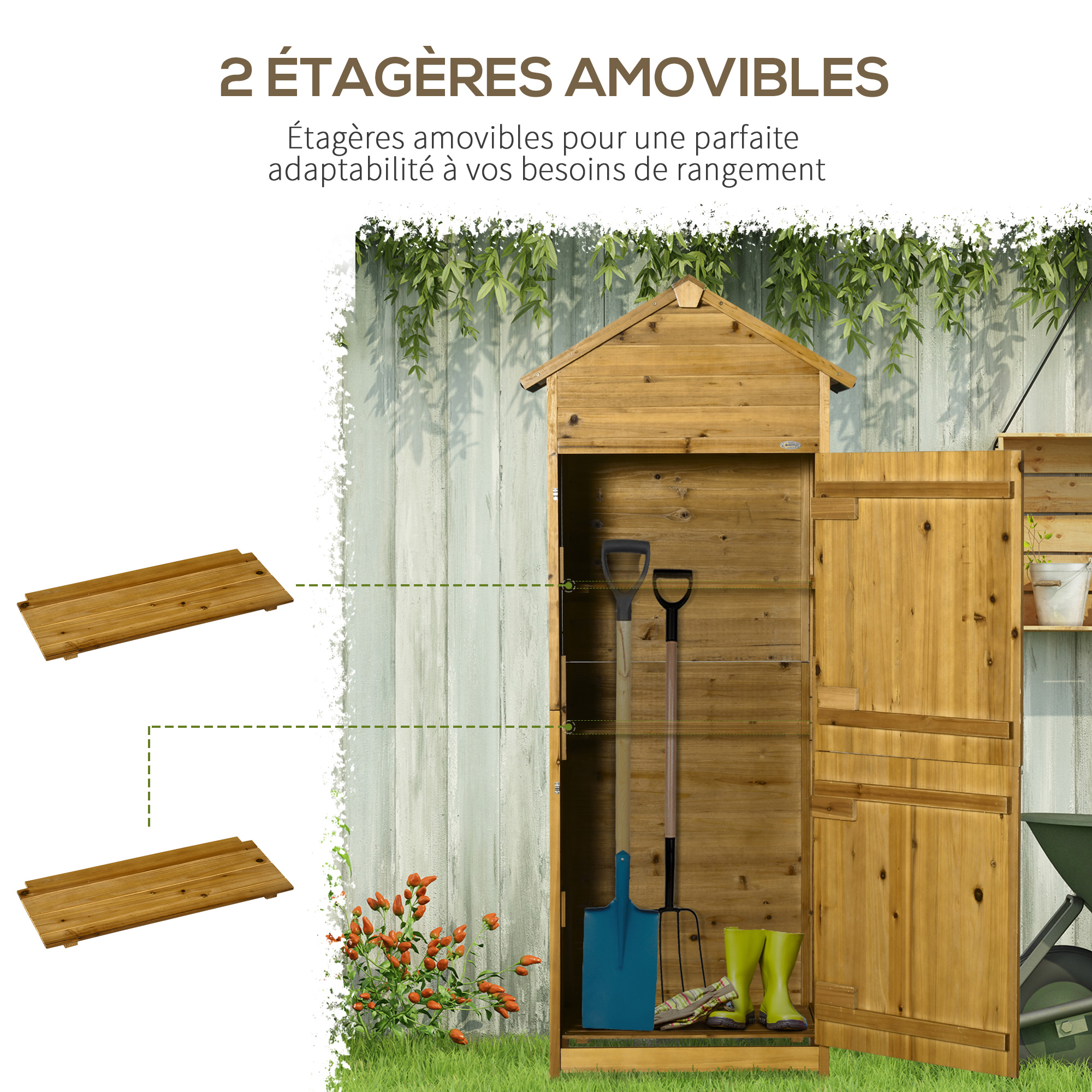 Armoire de jardin 2 portes 2 étagères toit bitumé sapin autoclave