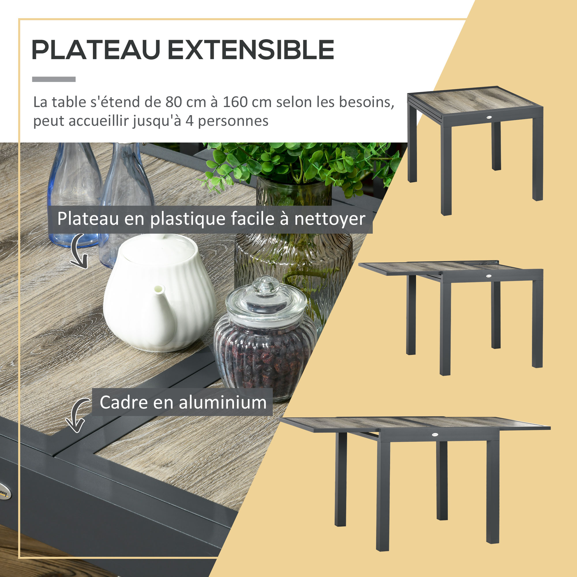 Ensemble de jardin 4 personnes table extensible gris