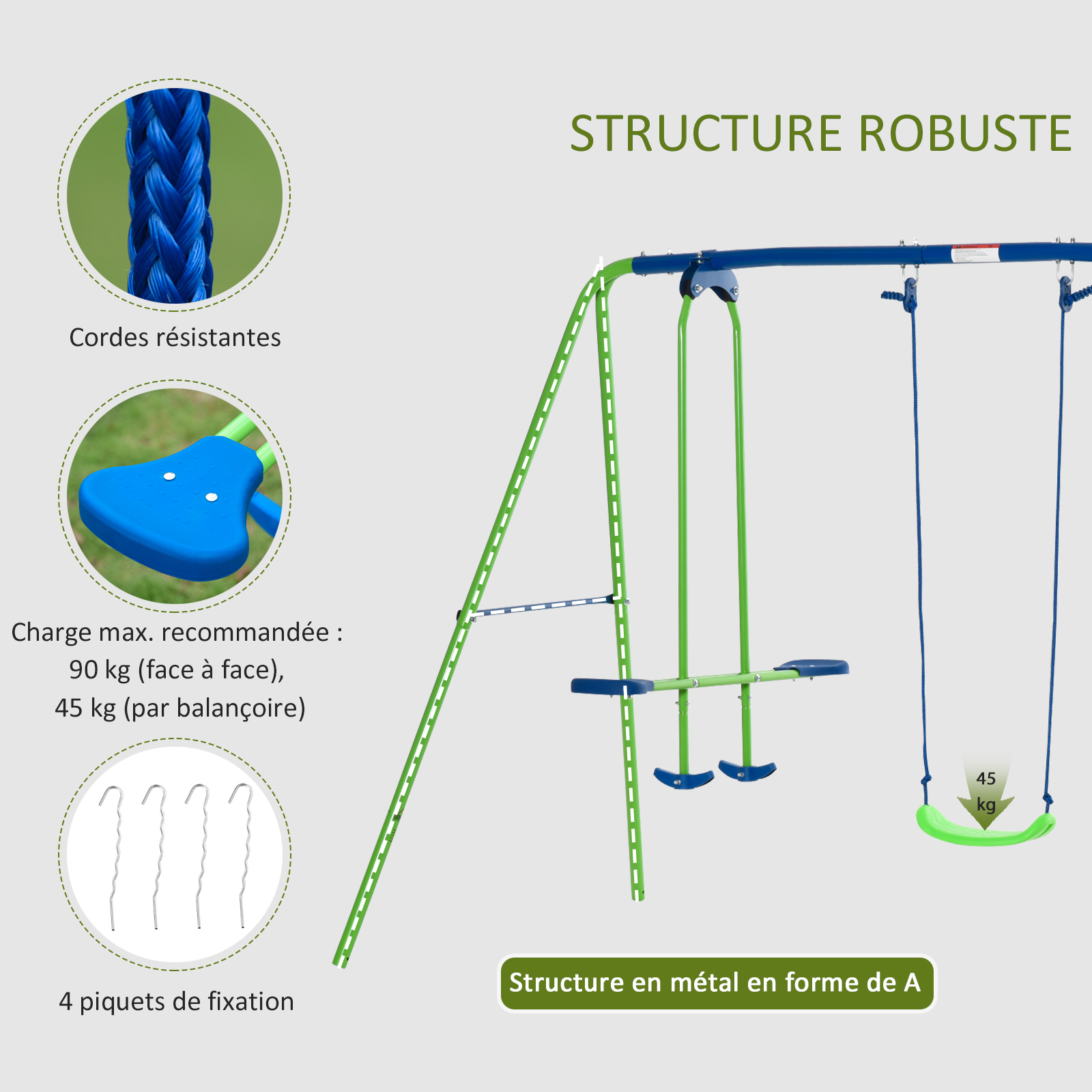 Balançoire 3 agrès portique avec 2 balançoires et face à face vert bleu