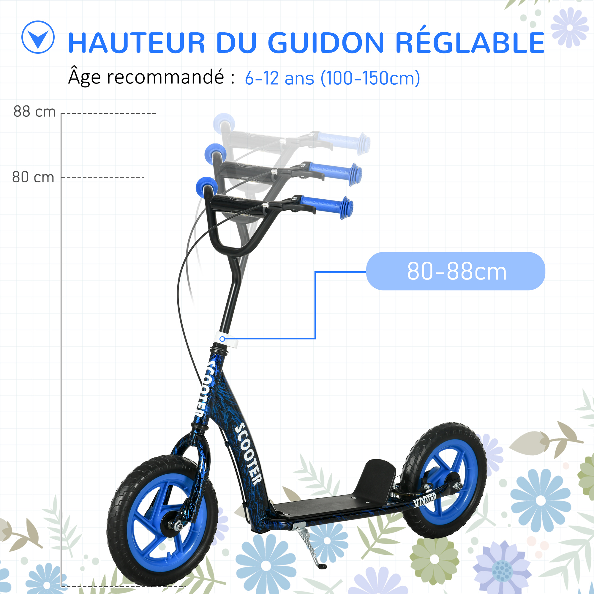 Trottinette patinette enfant guidon réglable poignée frein et béquille acier