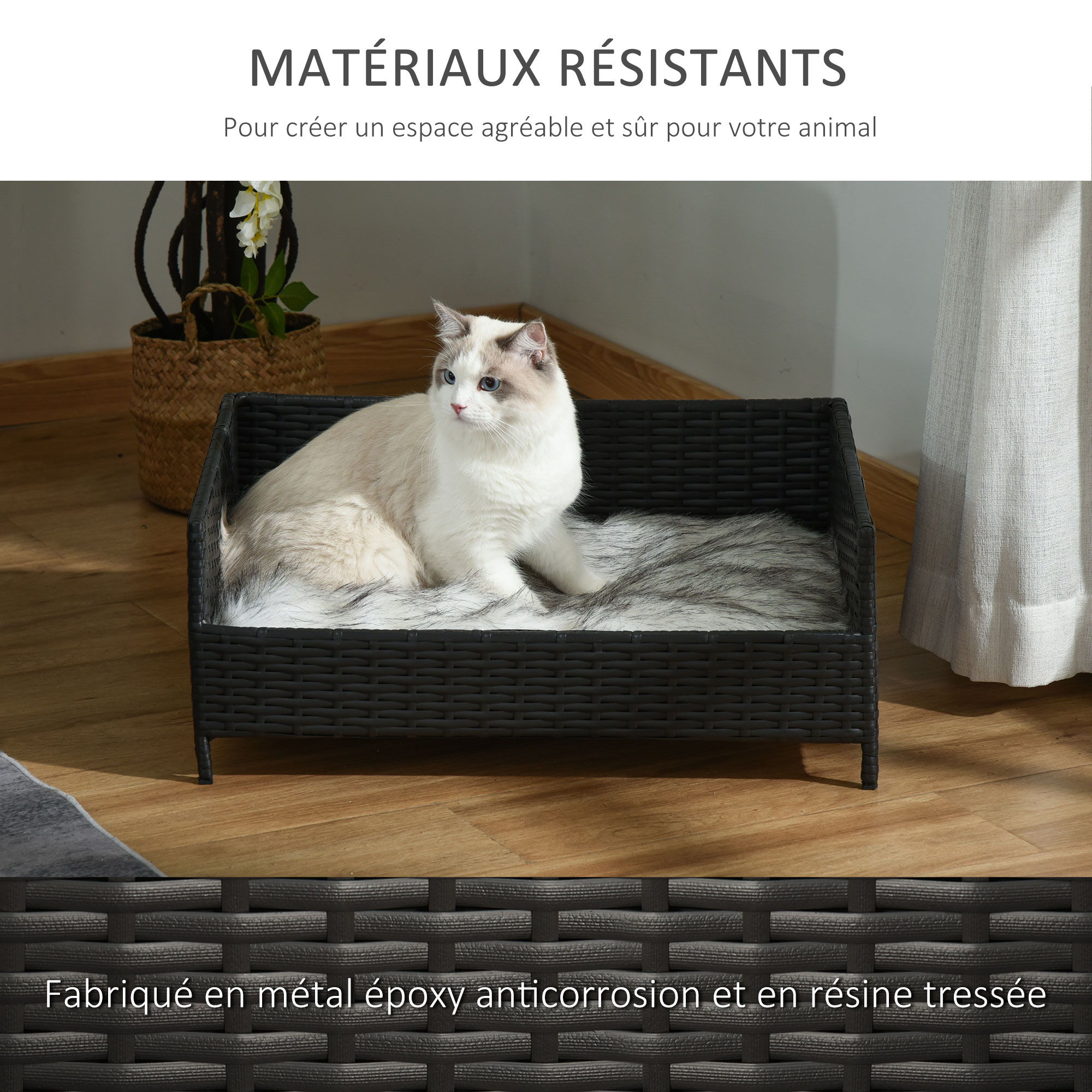 Canapé chien chat style cosy chic noir avec coussin fourrure blanc gris