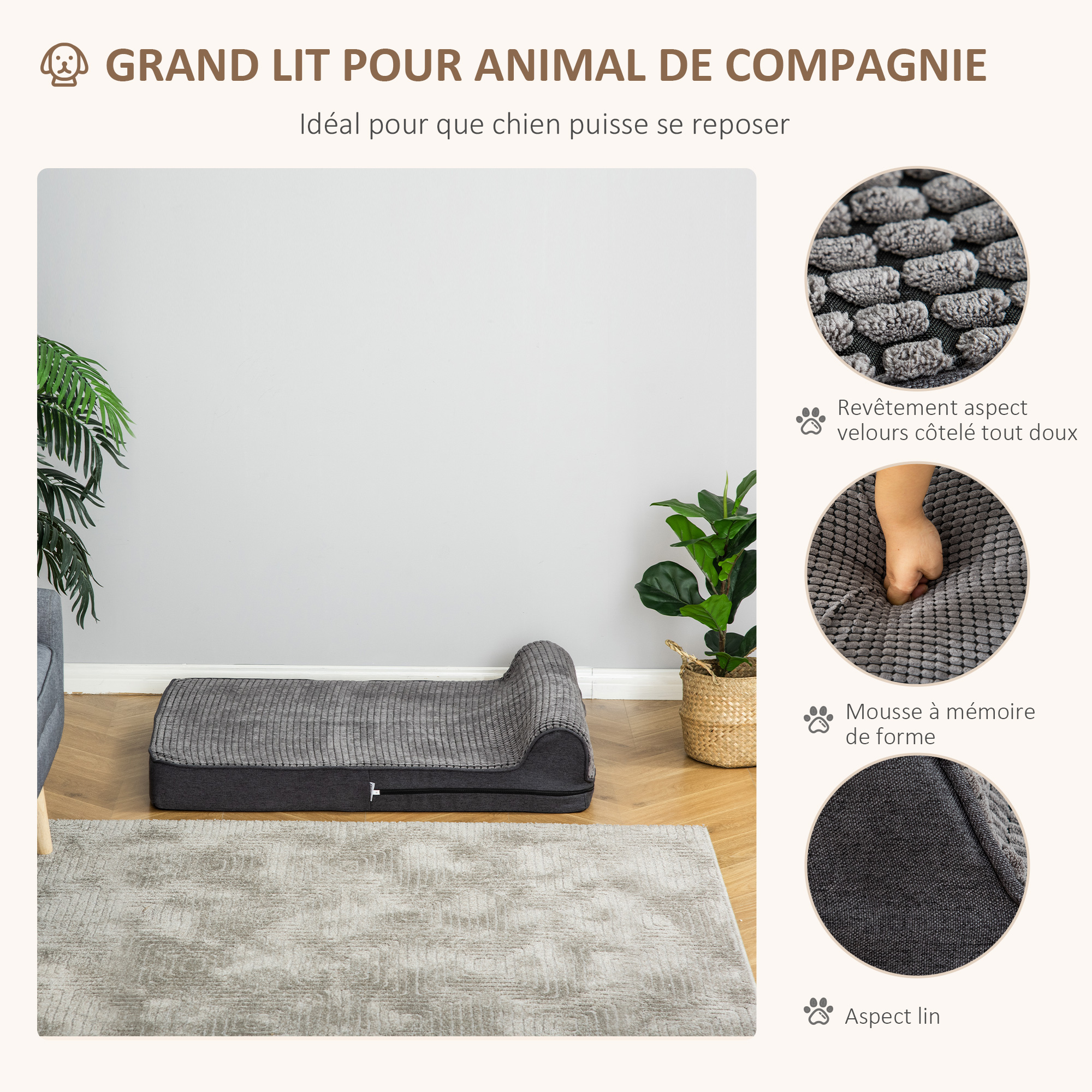 Panier chien chat coussin amovible lavable gris