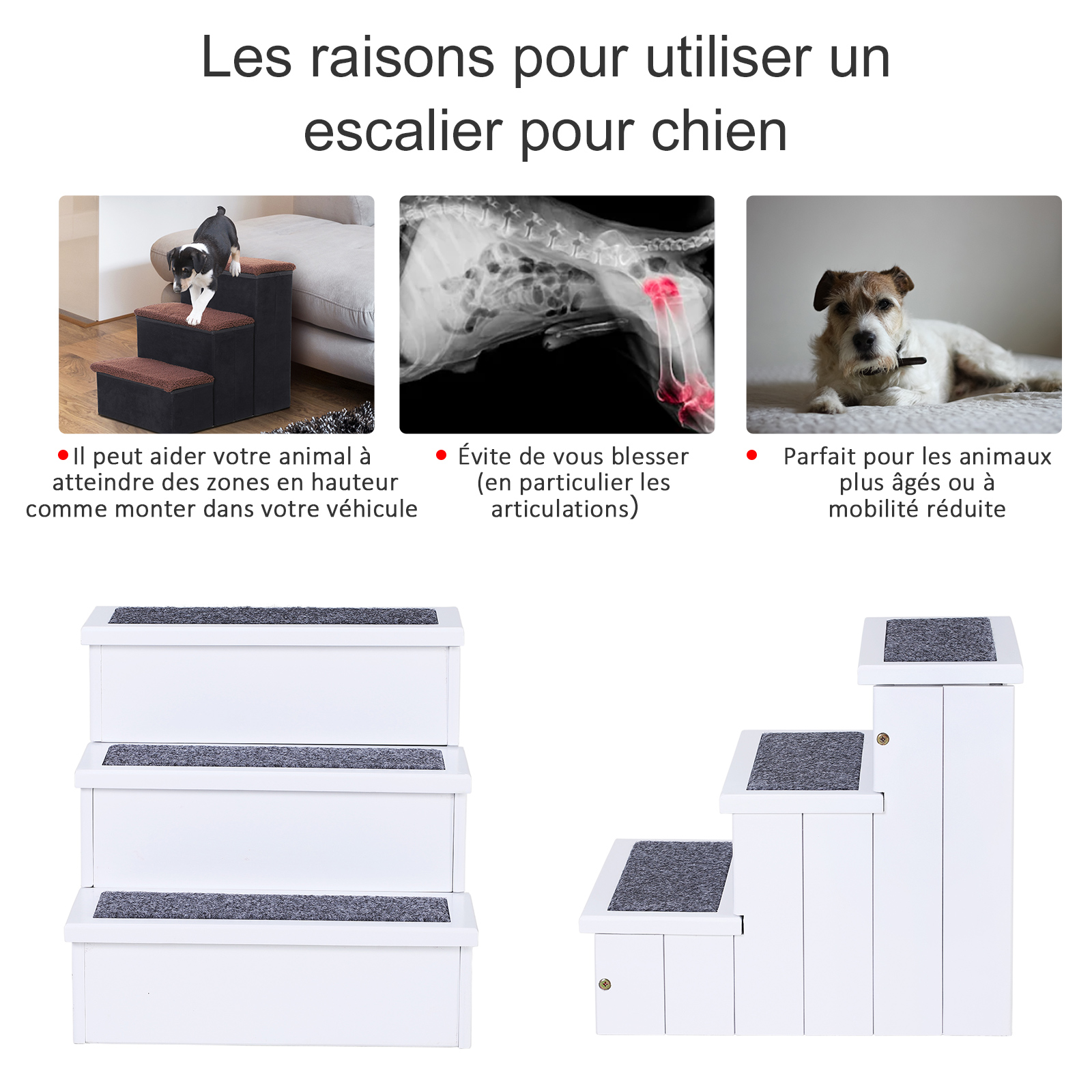 Escalier pour chien animaux 3 marches bois pin