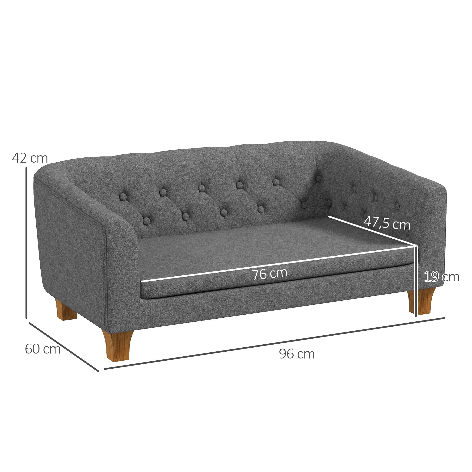 Canapé chien style Chesterfield dossier capitonné pieds bois polyester gris