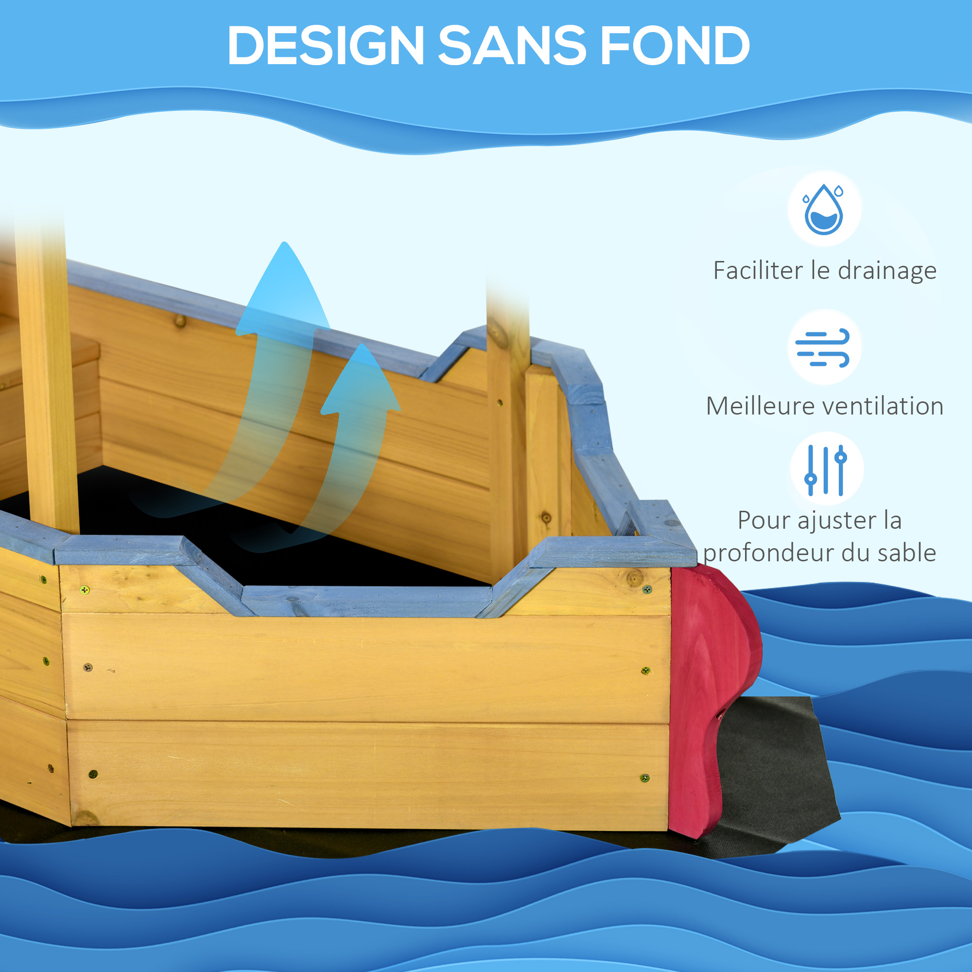 Bac à sable bateau de pirate en bois avec voile d'ombrage