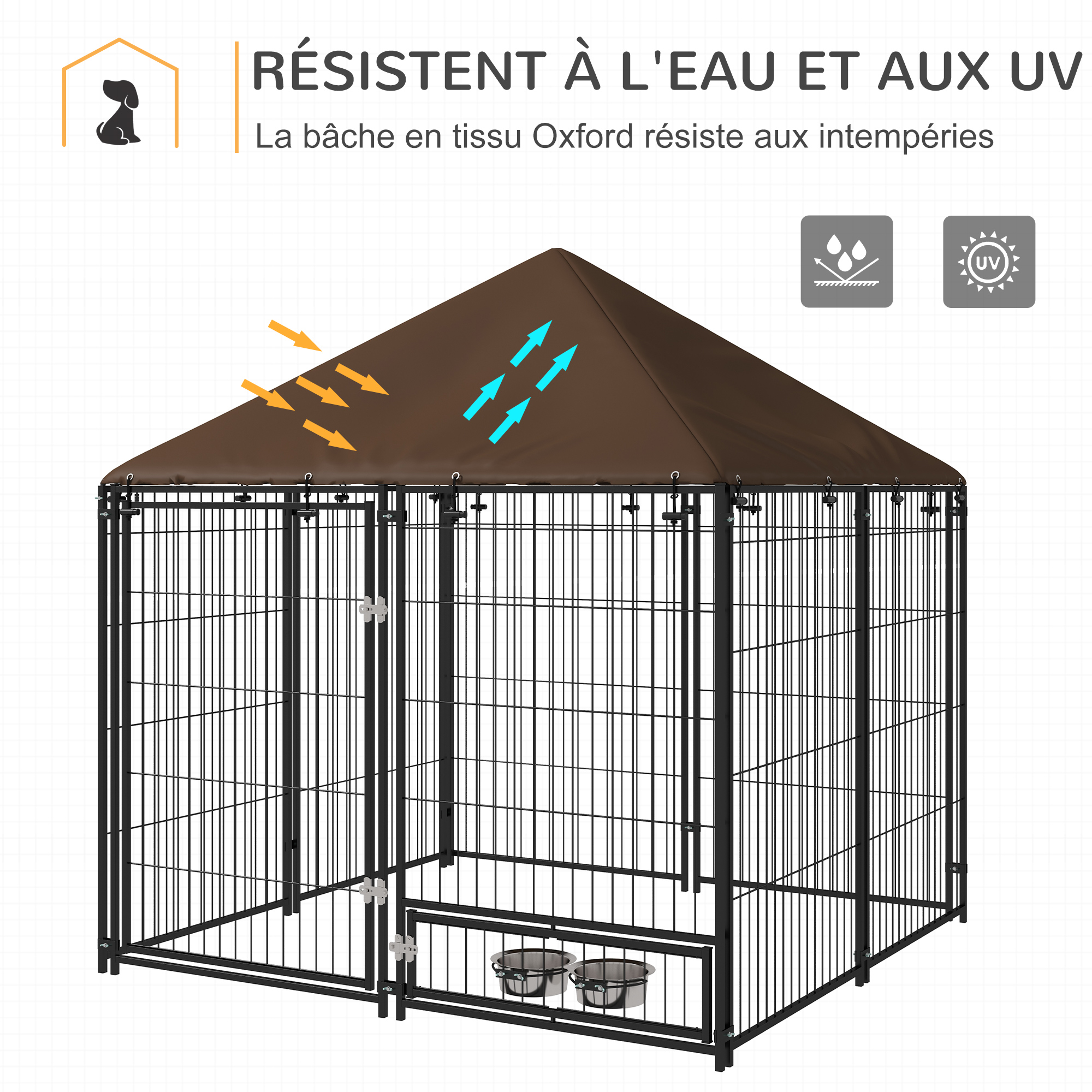 Chenil extérieur pour chien métal noir tissu marron