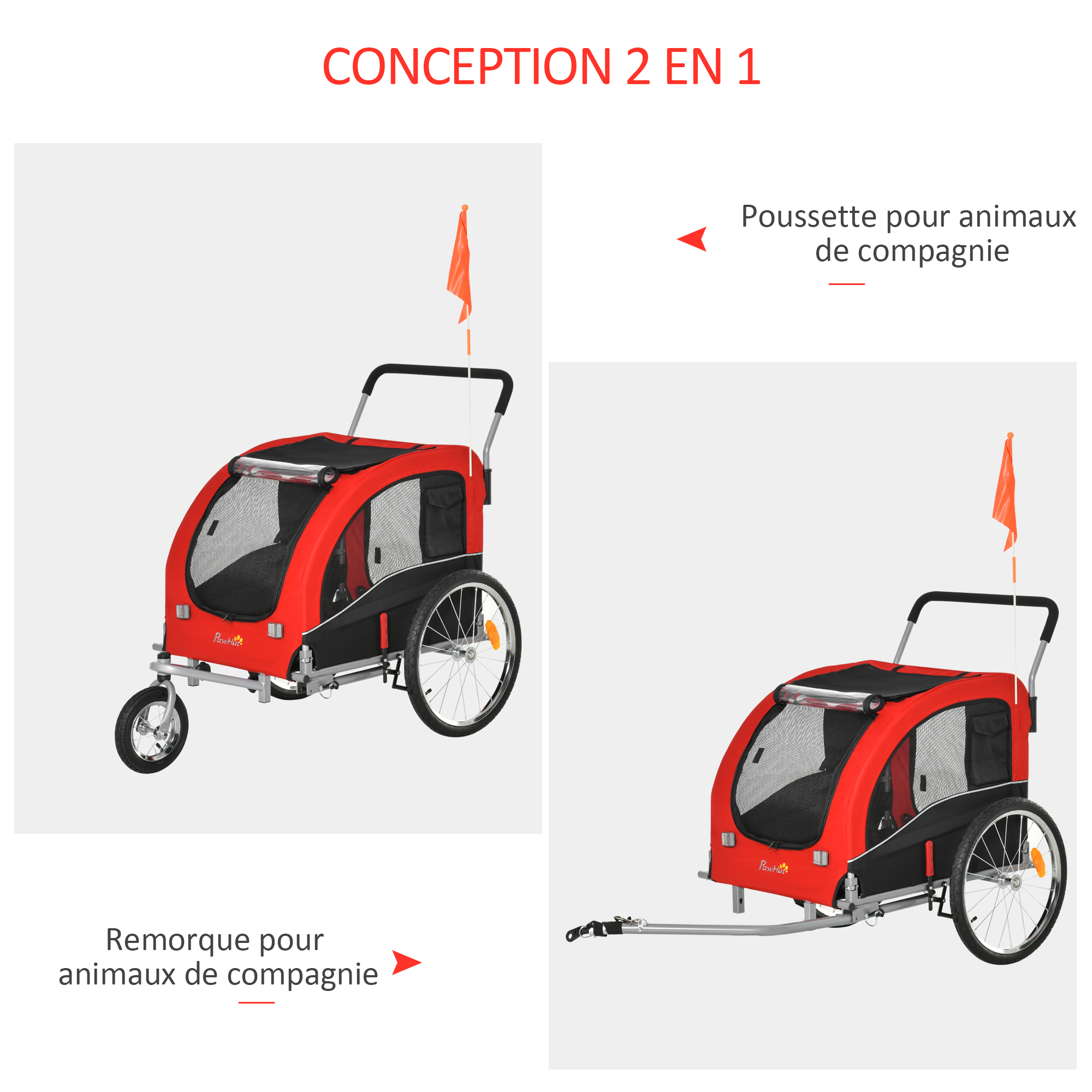 Jogger remorque vélo 2 en 1 pour animaux rouge noir