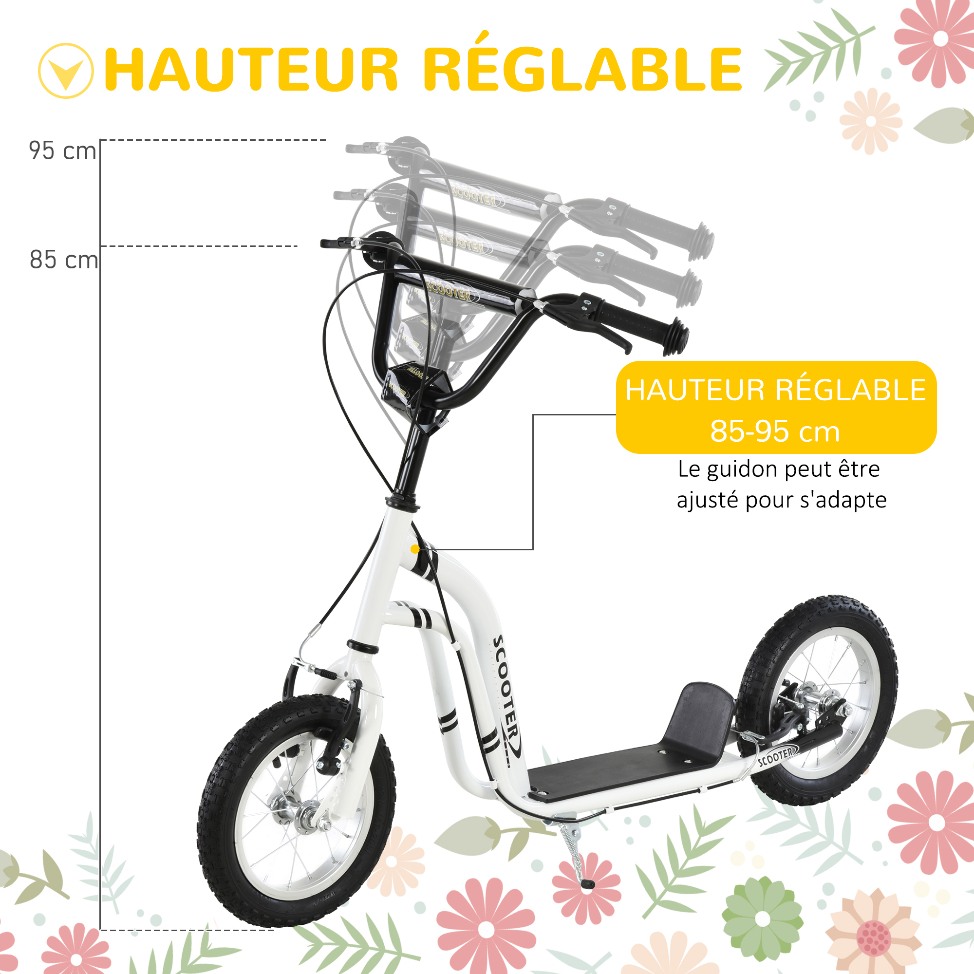 Trottinette pour Enfants Plus de 5 Ans Grands Pneus Guidon Réglable