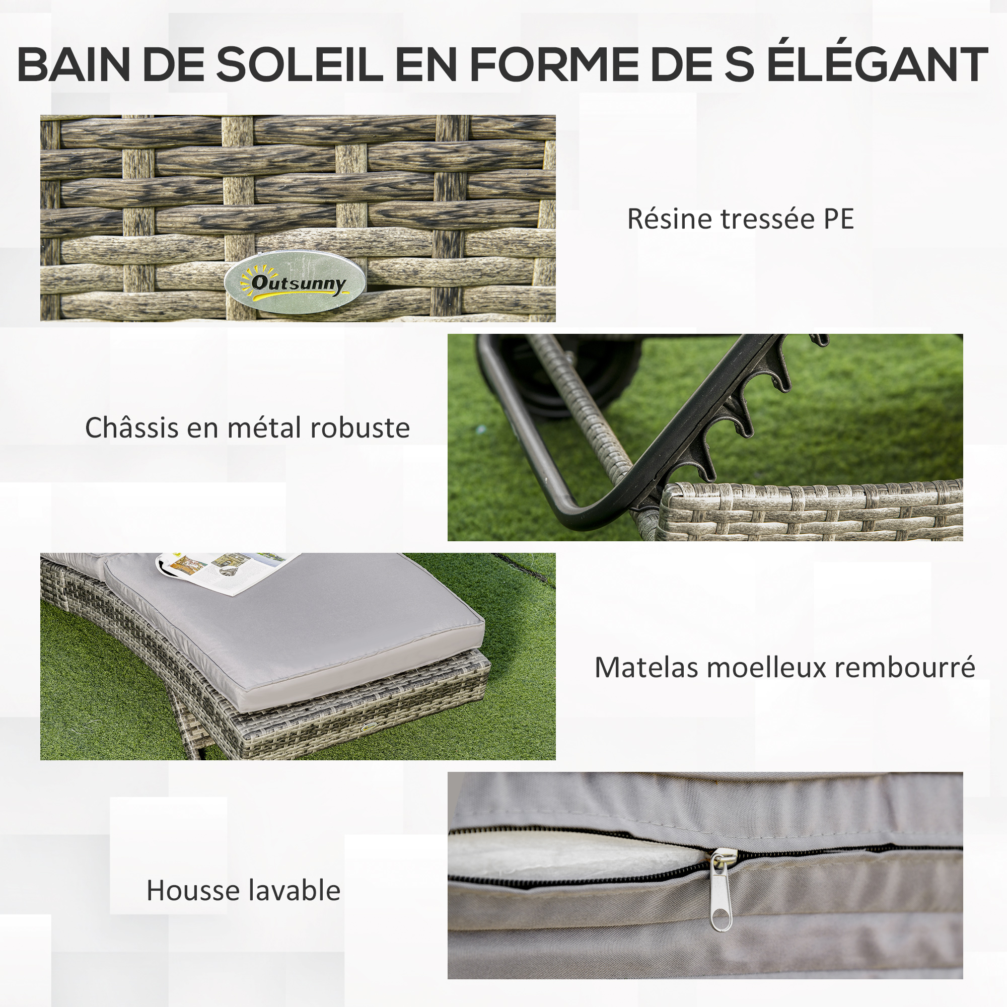 Bain de soleil inclinable 5 positions matelas résine tressée