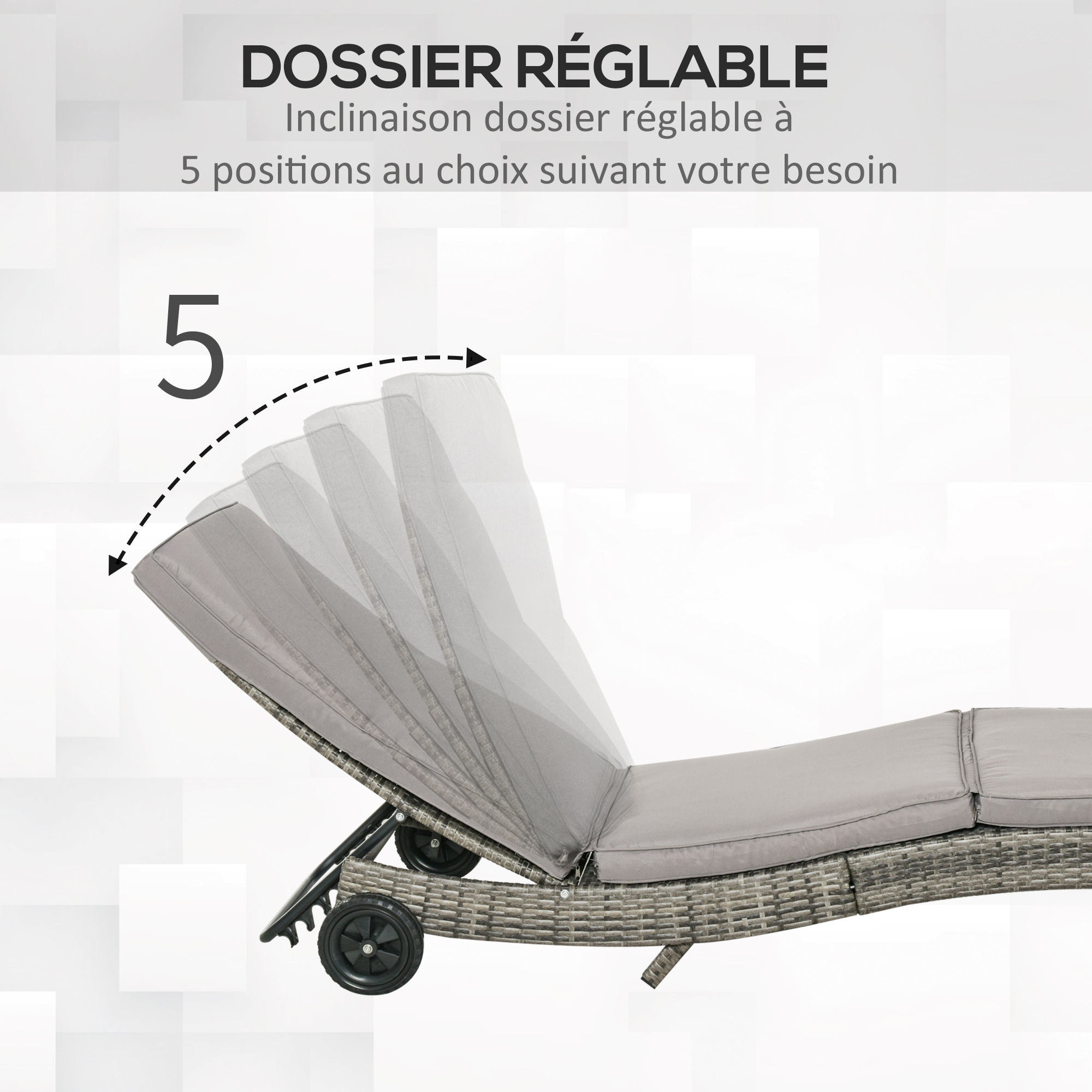 Bain de soleil inclinable 5 positions matelas résine tressée