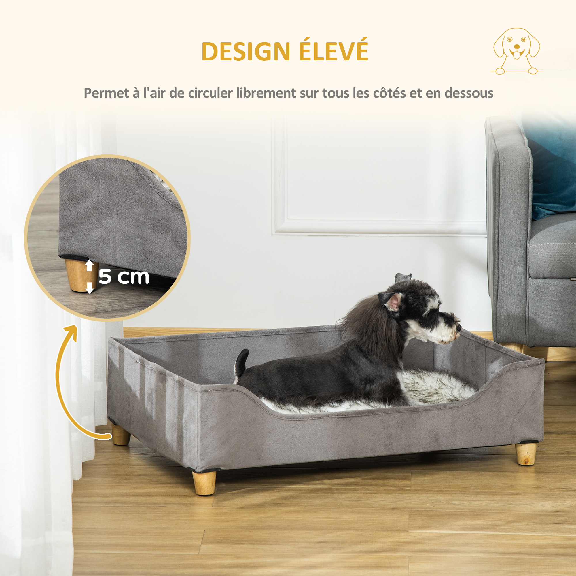 Canapé chien panier chat design scandinave avec coussin gris