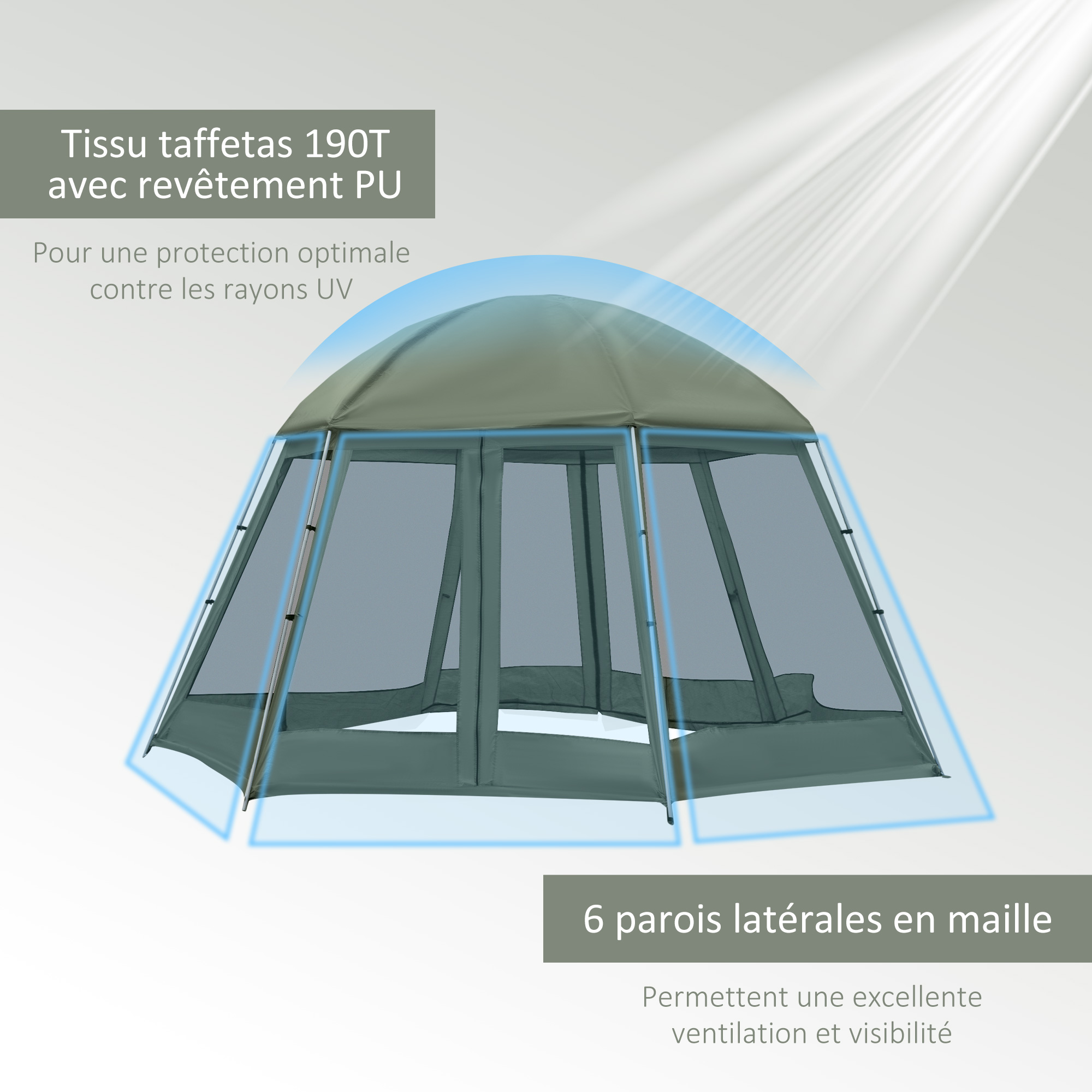 Tente de camping familiale hexagonale 6-8 personnes vert