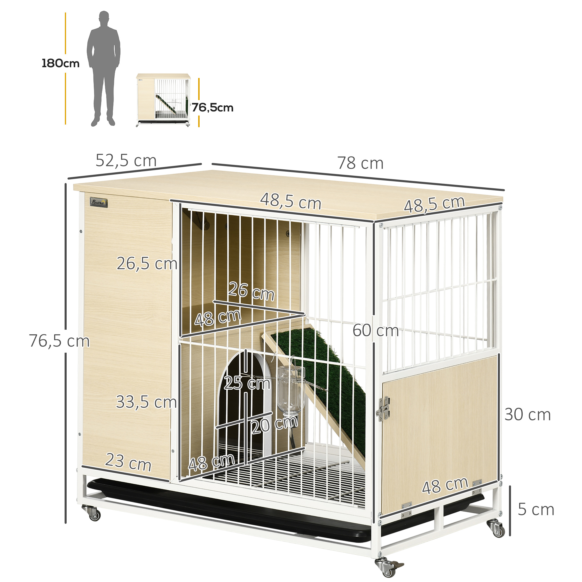 Clapier à lapin sur roulettes multi-équipement acier blanc aspect bois clair