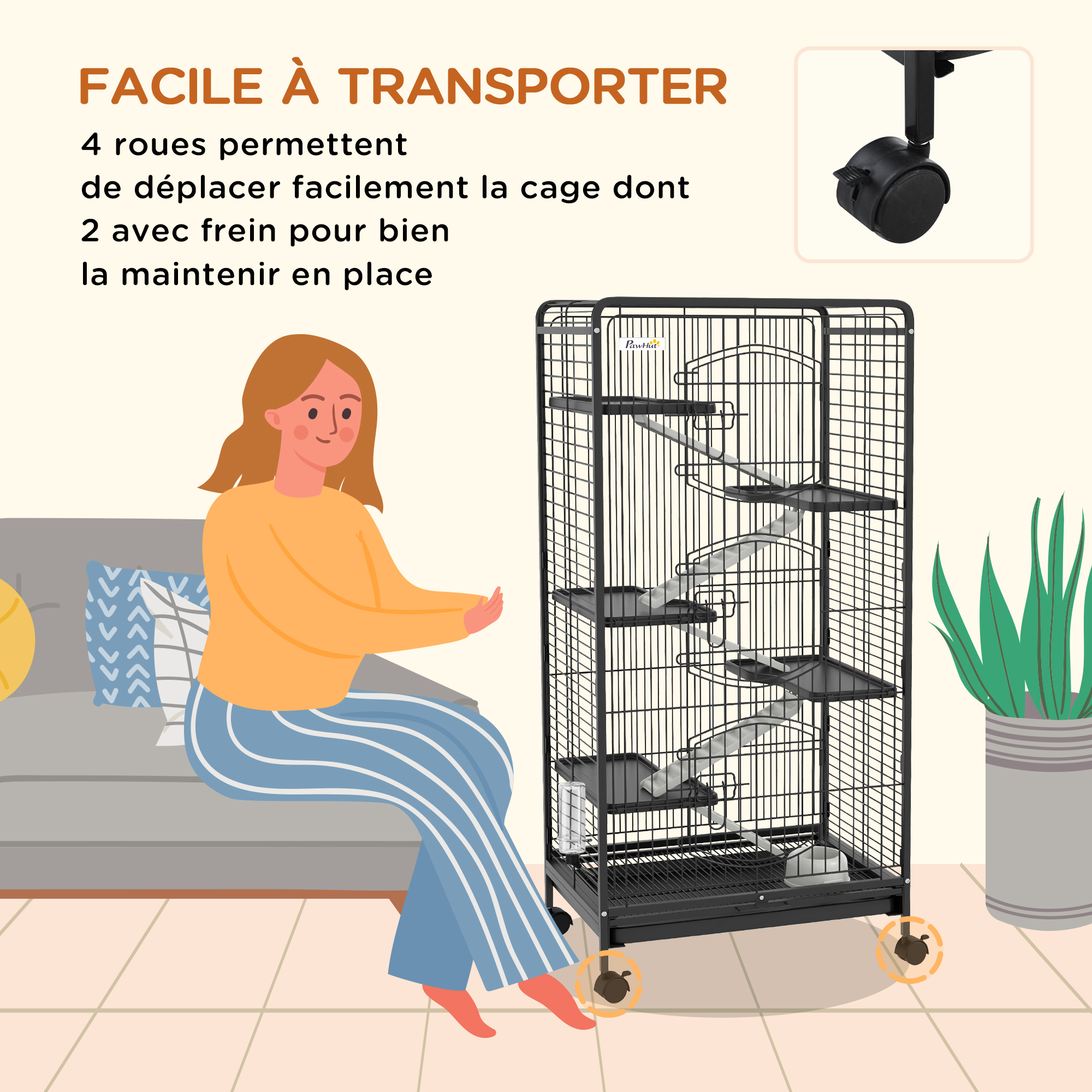 Cage pour petits animaux roulante nombreux accessoires métal PP noir