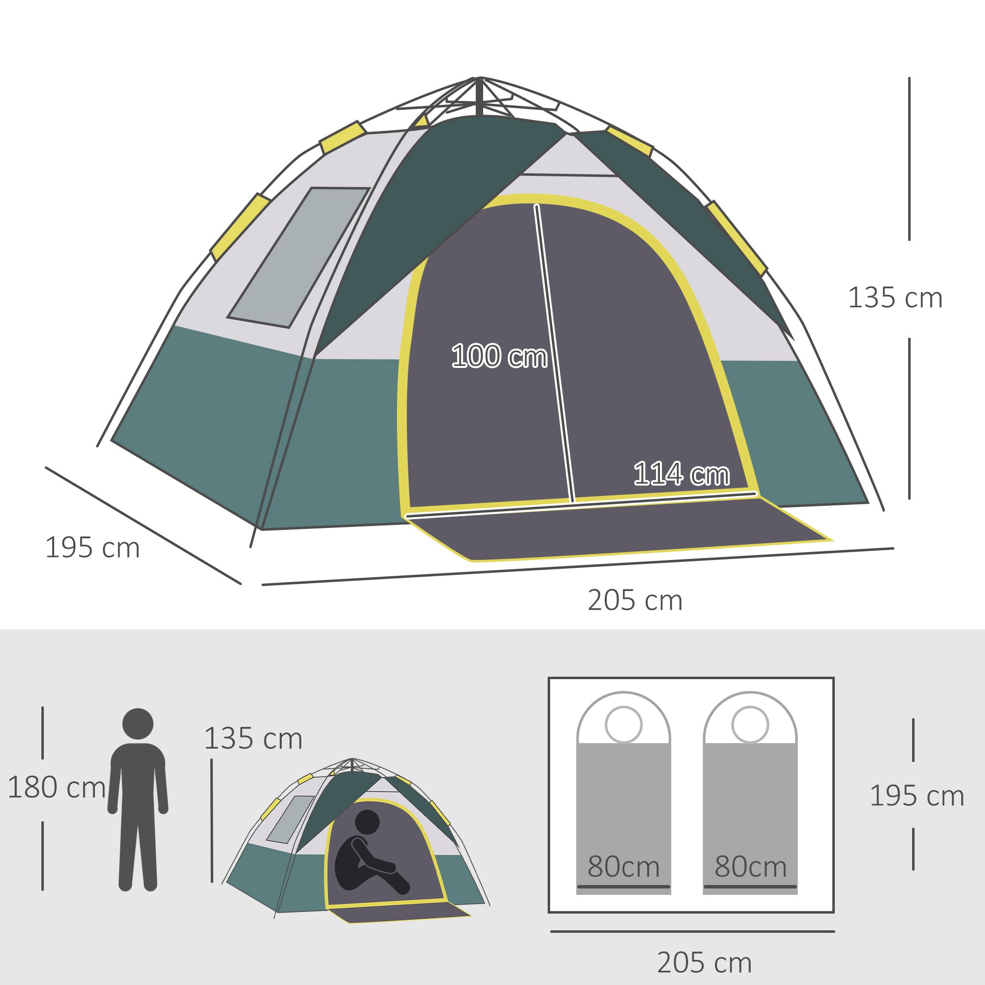 Tente de camping pop up 3 personnes avec sac jaune gris vert