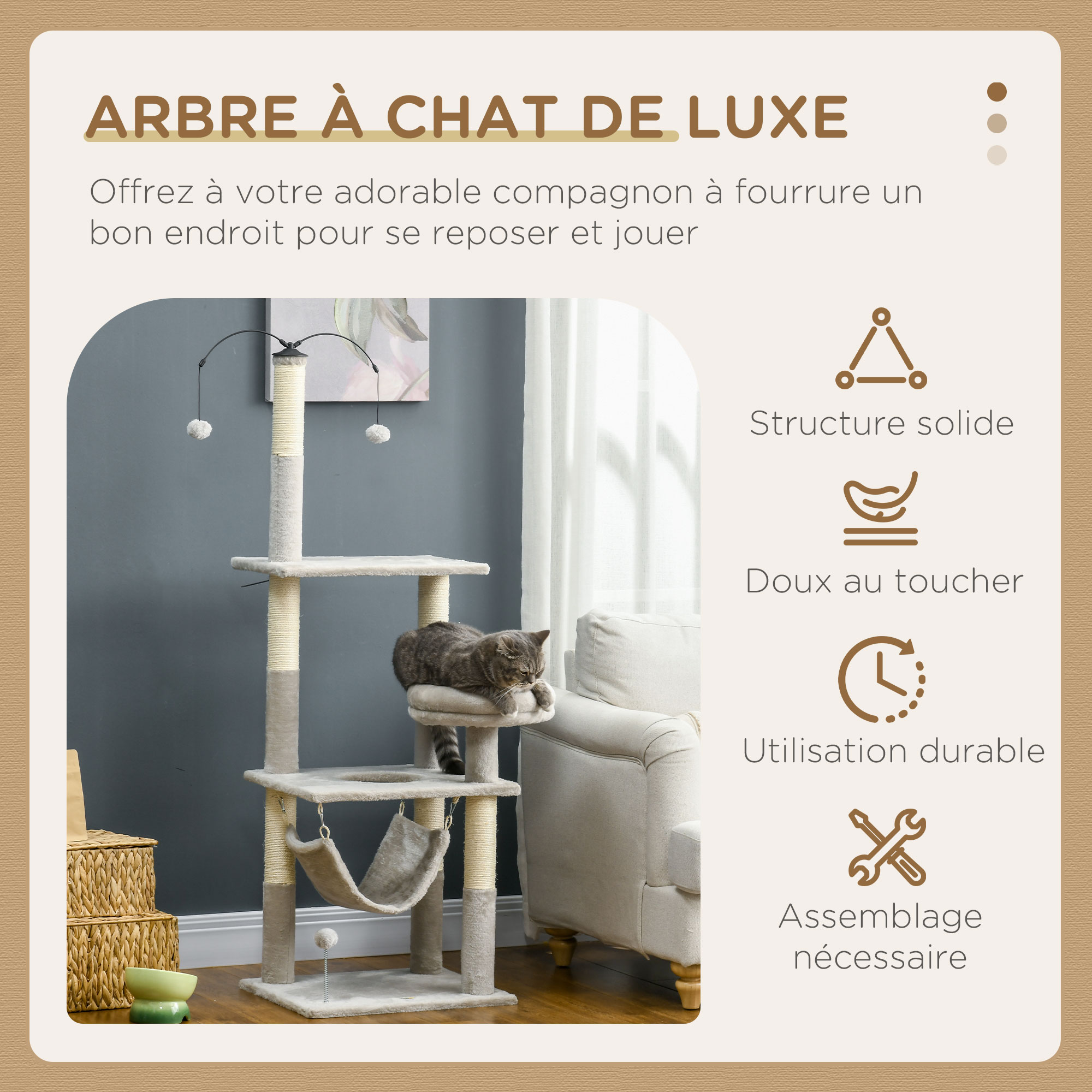 Arbre à chat griffoirs sisal naturel plateforme panier hamac boules peluche gris clair