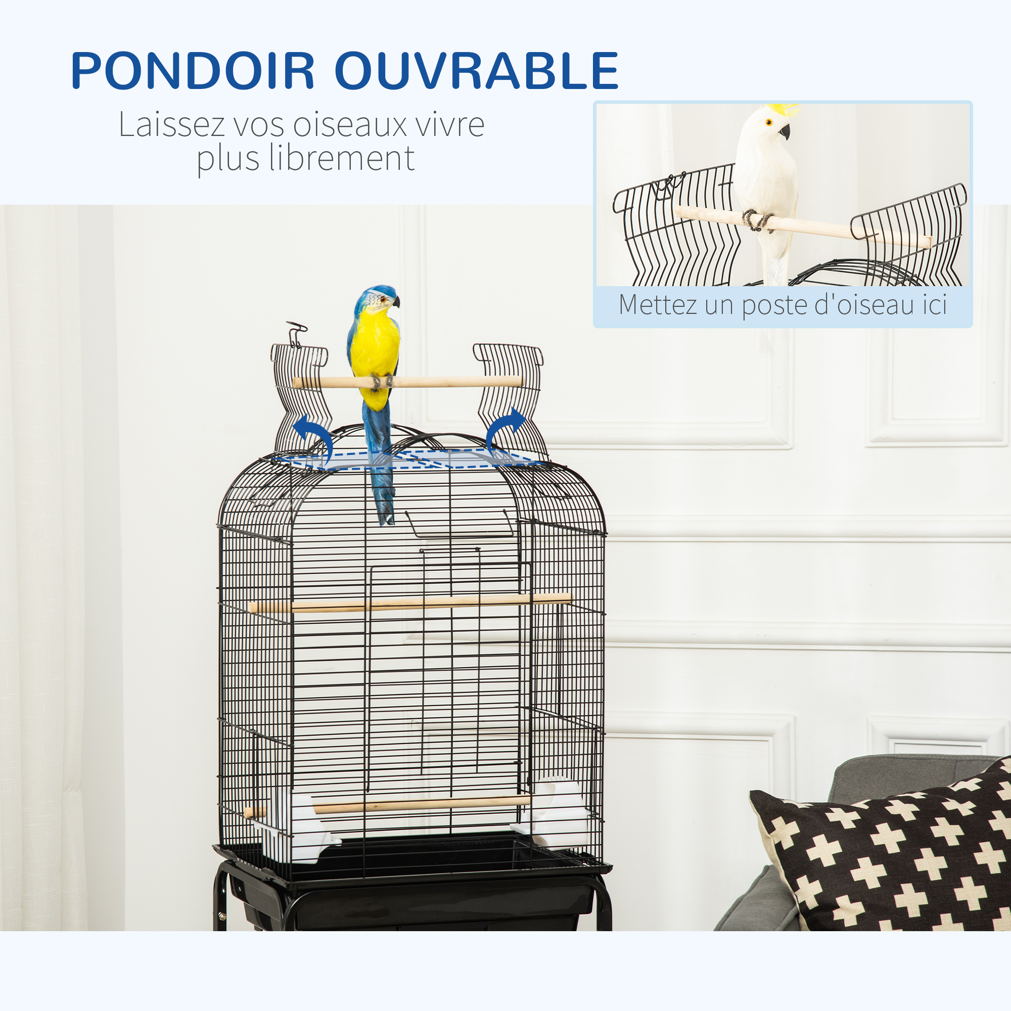 Cage à oiseaux volière amovible sur roulettes avec accessoires