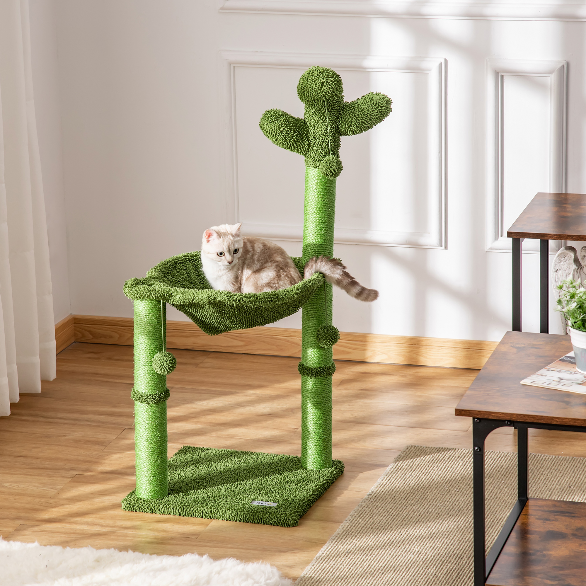 Arbre à chat griffoirs design cactus - hamac, 3 jouets pompons suspendus - vert