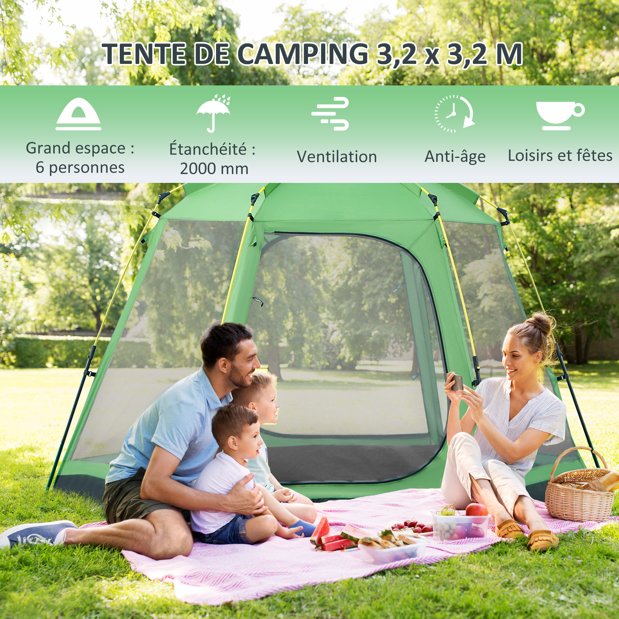 Tente de camping pop-up 6 personnes fibre verre polyester