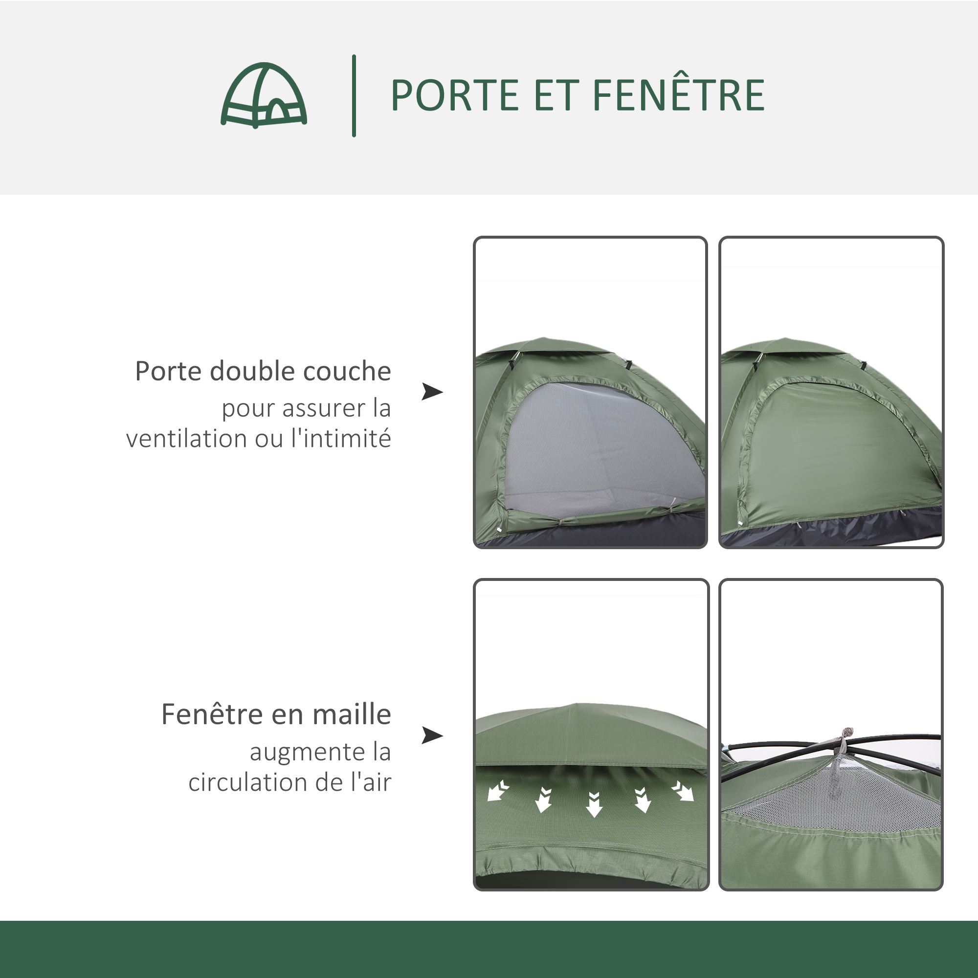 Tente de camping 2 personnes fibre verre polyester gris vert