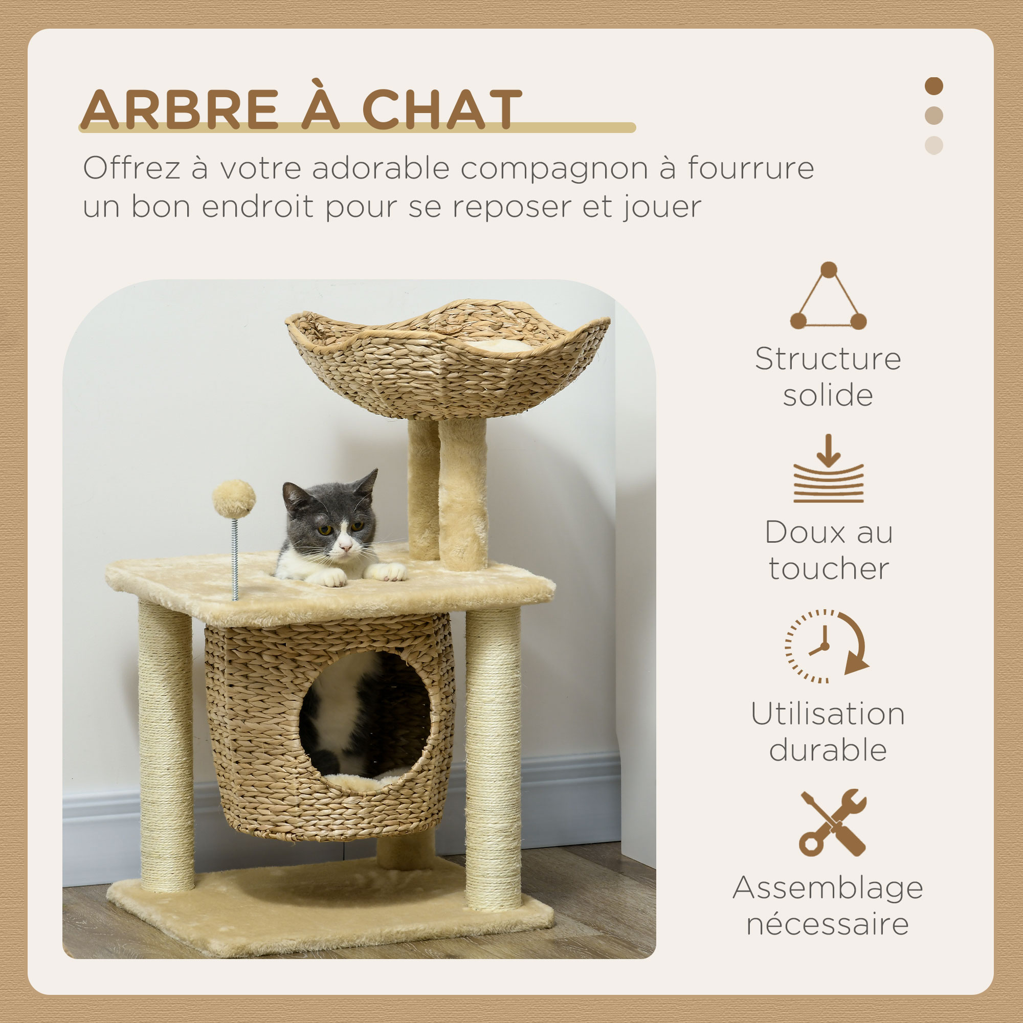 Arbre à chat style cosy chic 2 coussins inclus quenouille sisal naturel beige