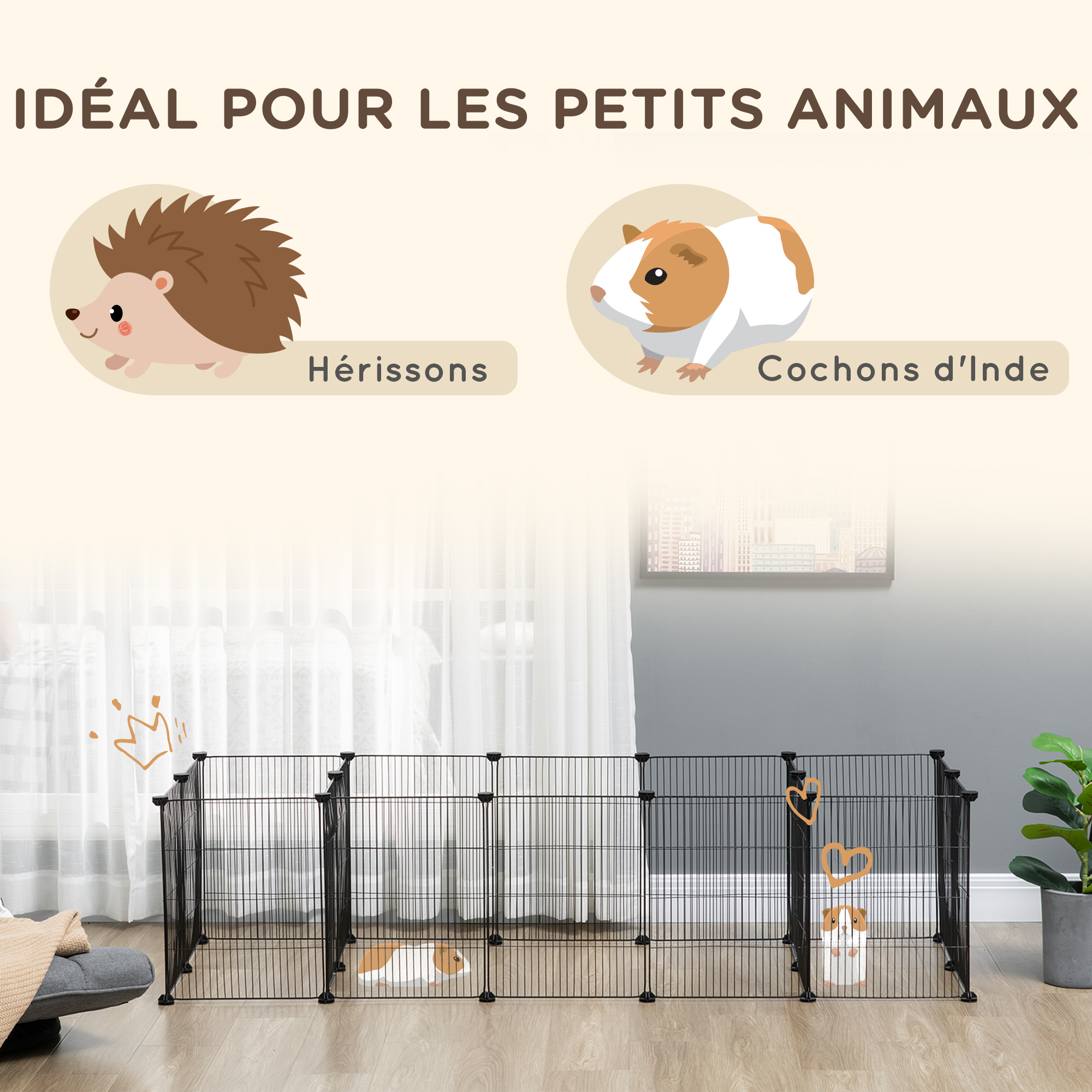 Cage parc enclos modulable pour petits animaux acier noir