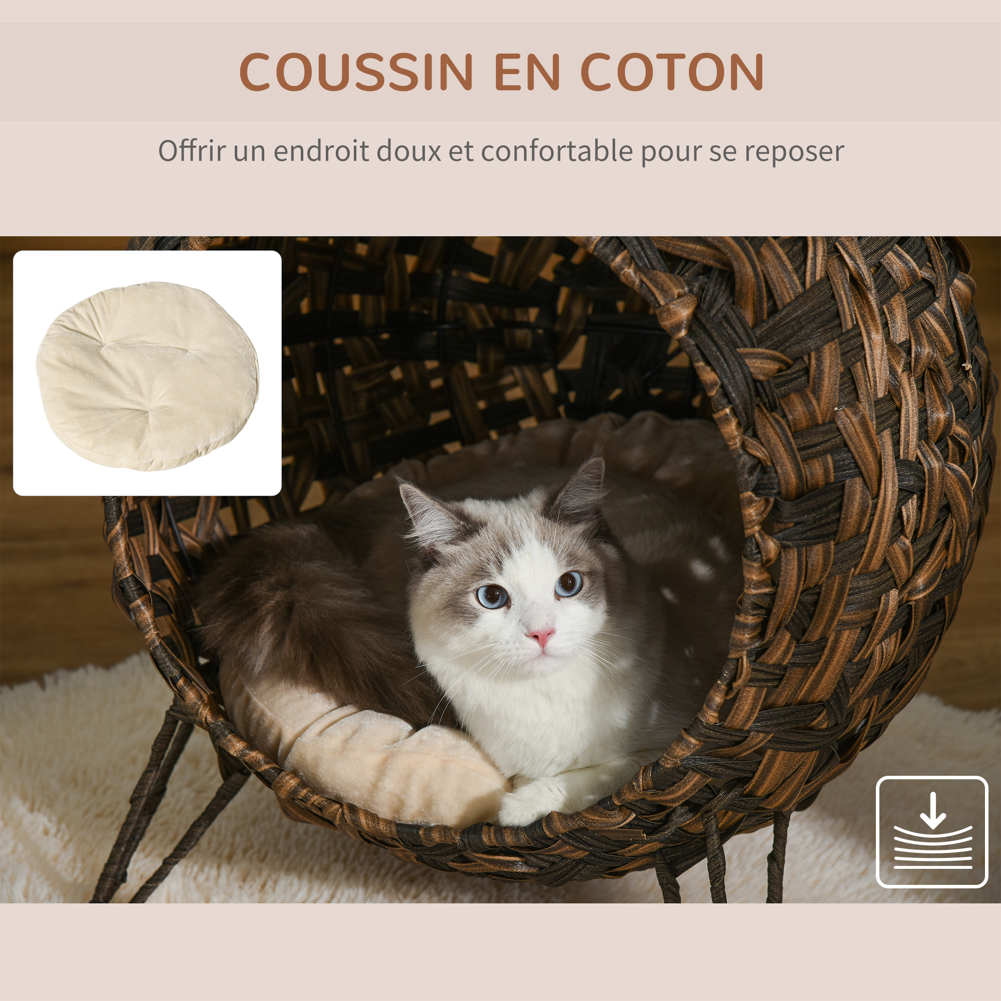 Panier chat lit chat cosy avec coussin chocolat