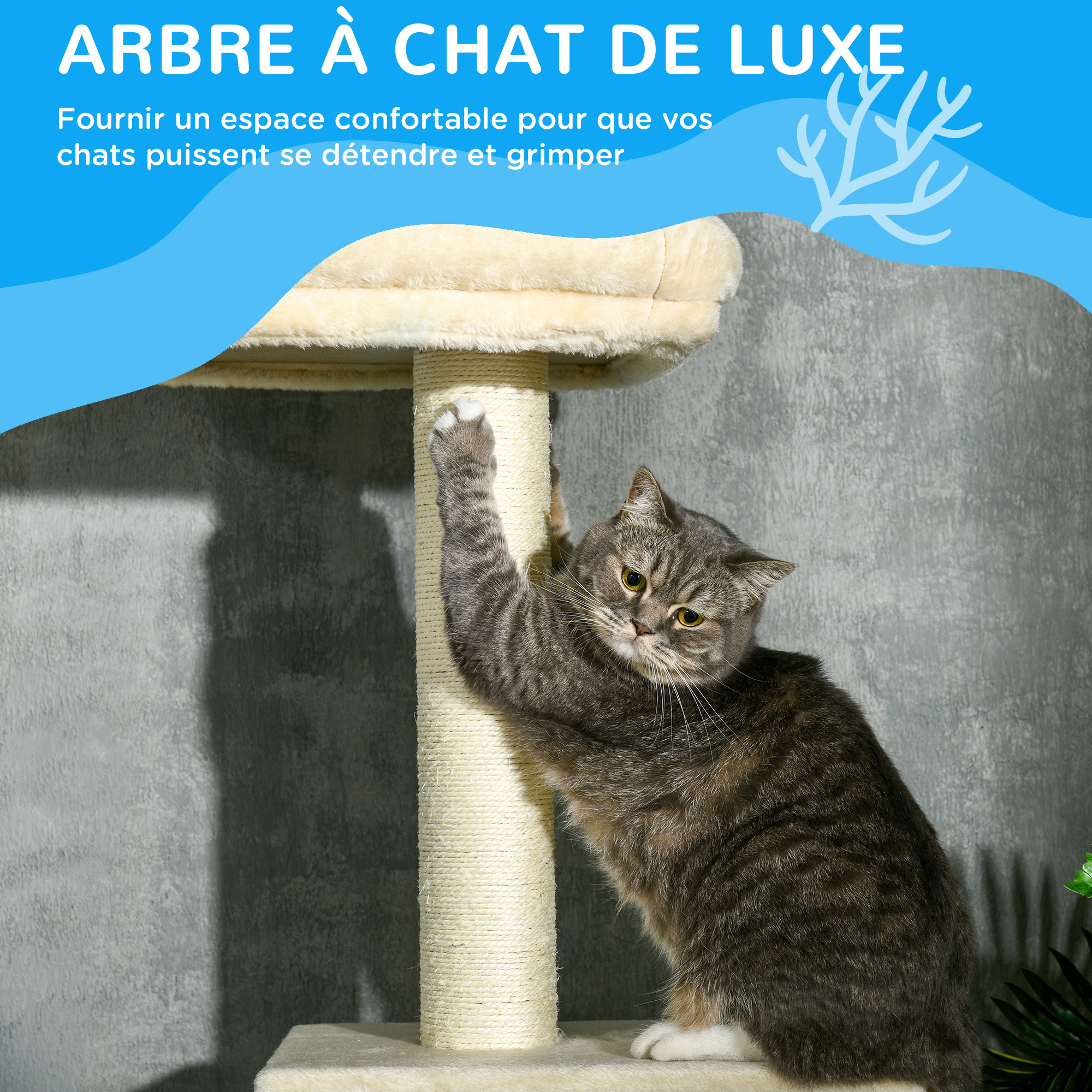 Arbre à chat hauteur réglable 230-260 cm - niche, 3 plateformes - peluche beige