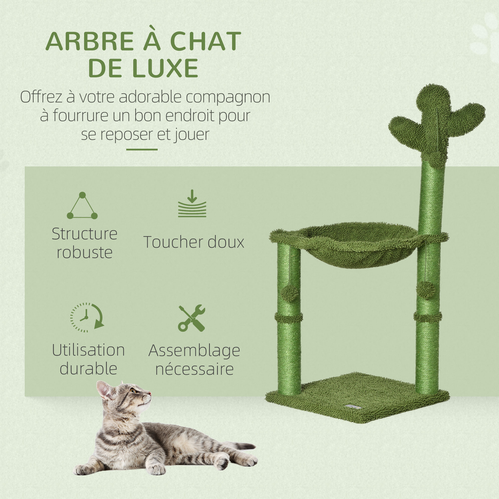 Arbre à chat griffoirs design cactus - hamac, 3 jouets pompons suspendus - vert