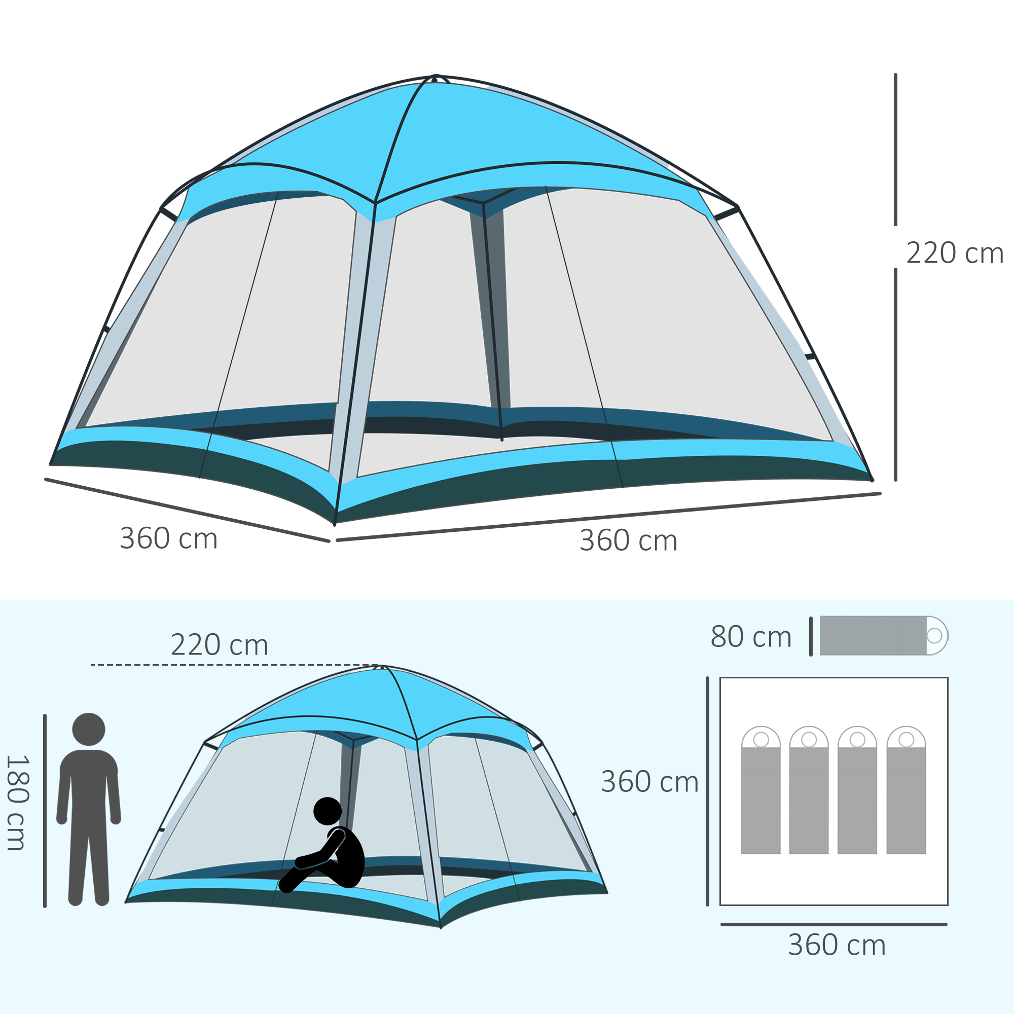 Tente de camping familiale 8 pers. max. polyester bleu