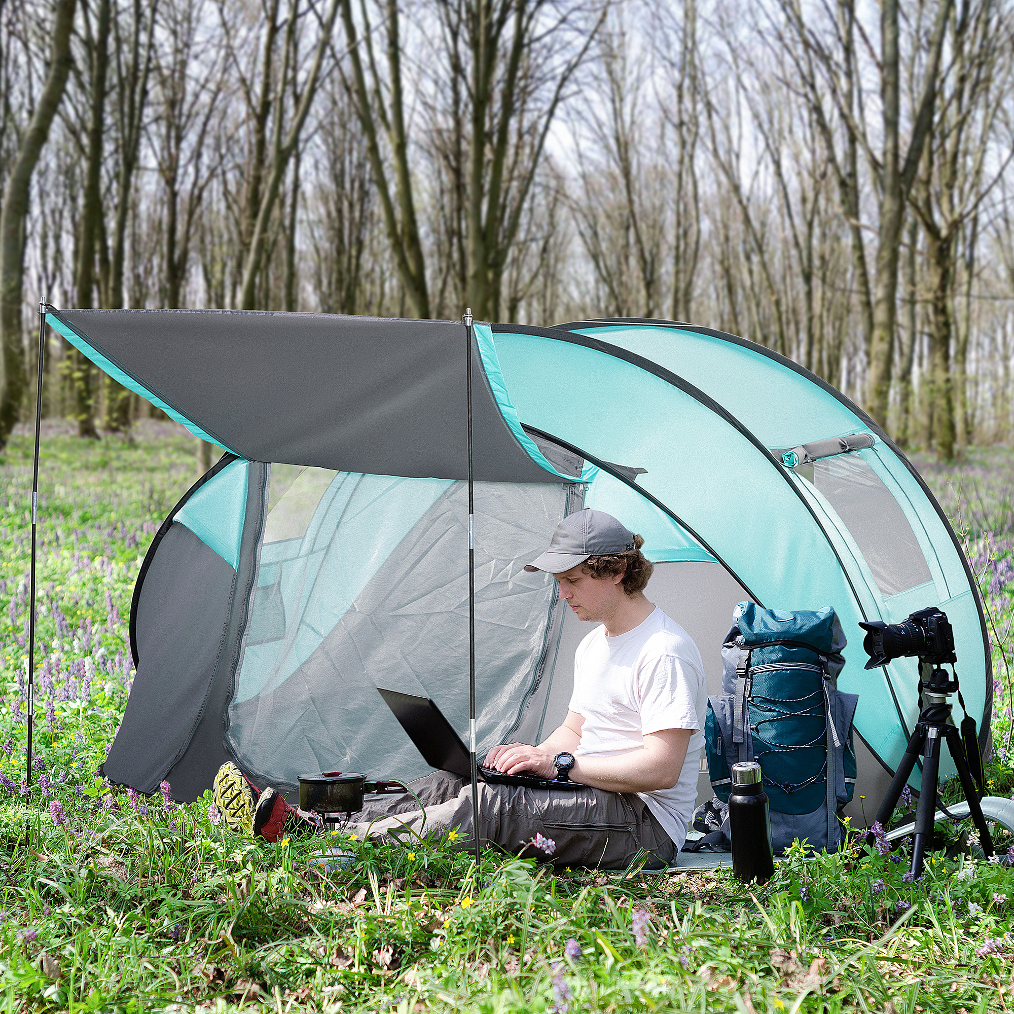 Tente de camping pop-up 3-4 personnes fibre verre polyester bleu gris