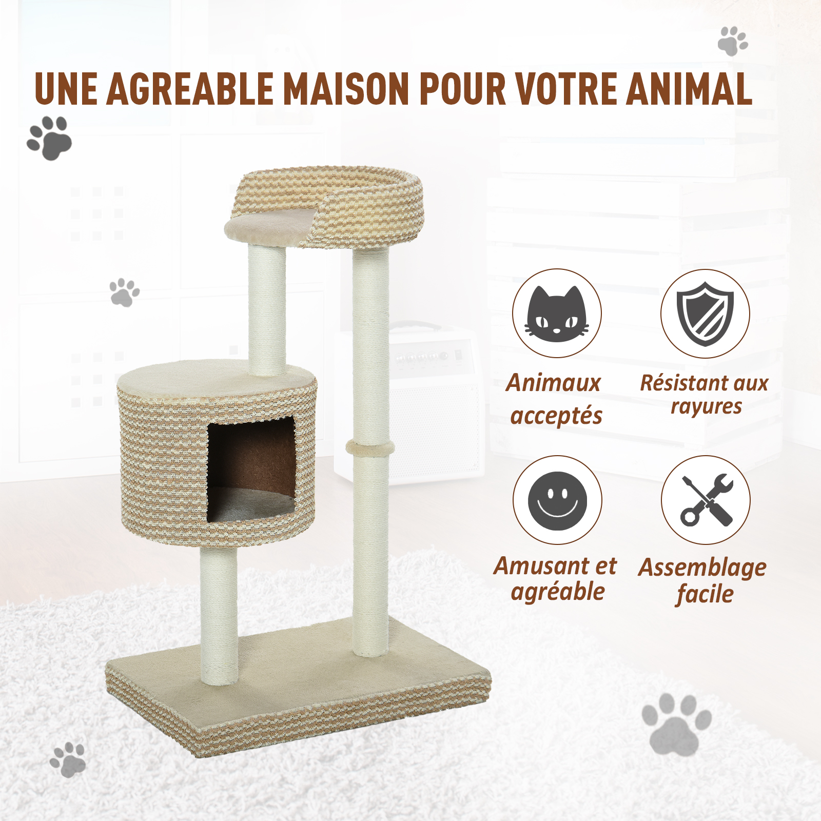 Arbre à chats style cosy chic griffoirs niche plateforme bicolore beige café