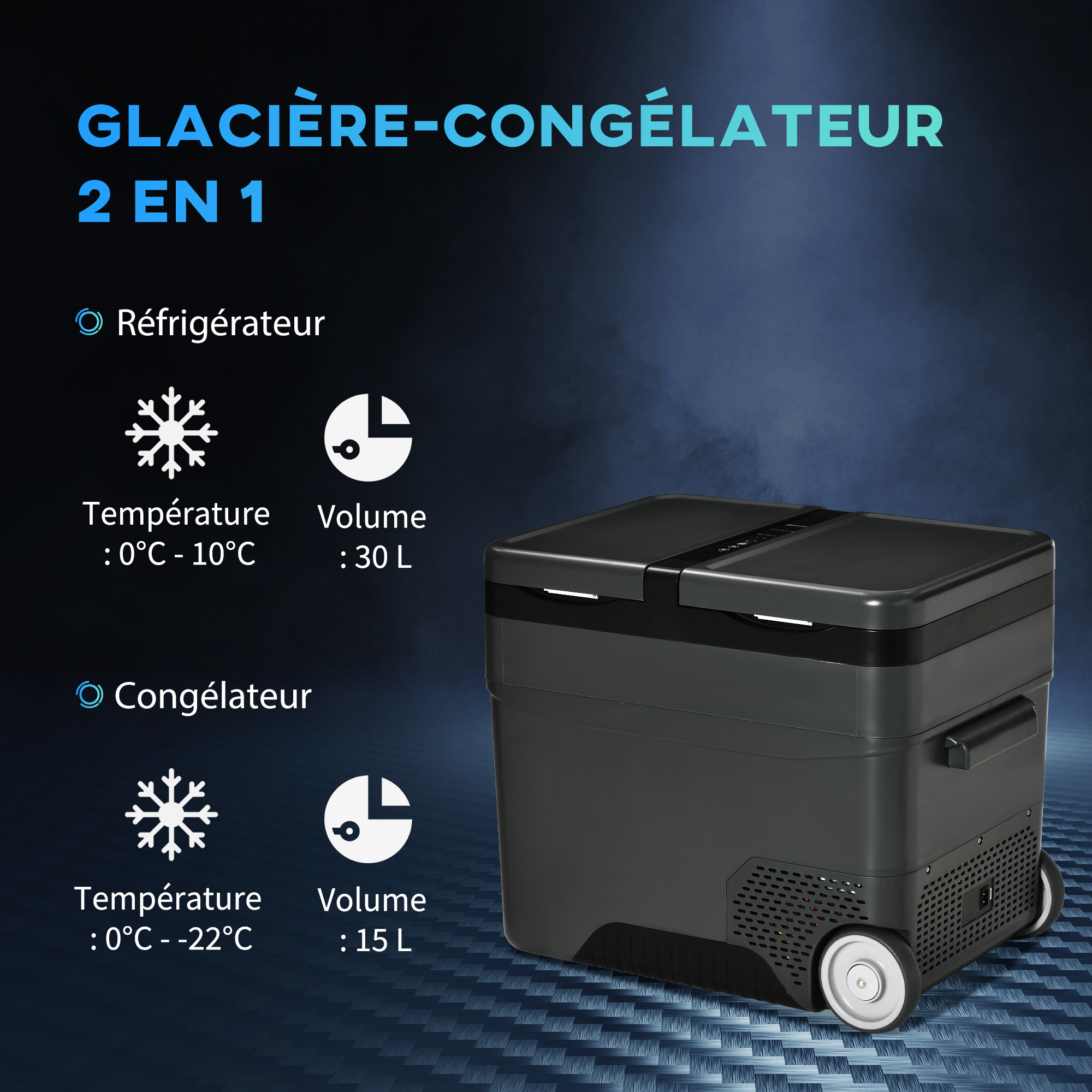 Glacière-congélateur portable à compression 2 compartiments gris noir