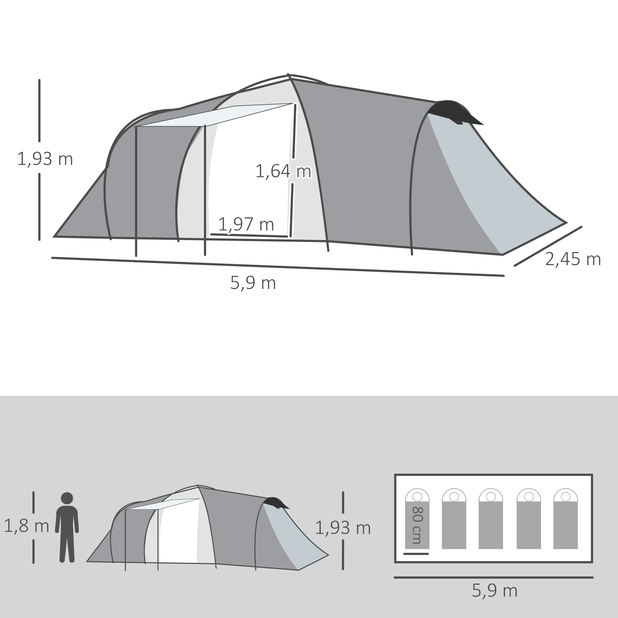 Tente de camping familiale 4-6 personnes 2 cabines rouge gris