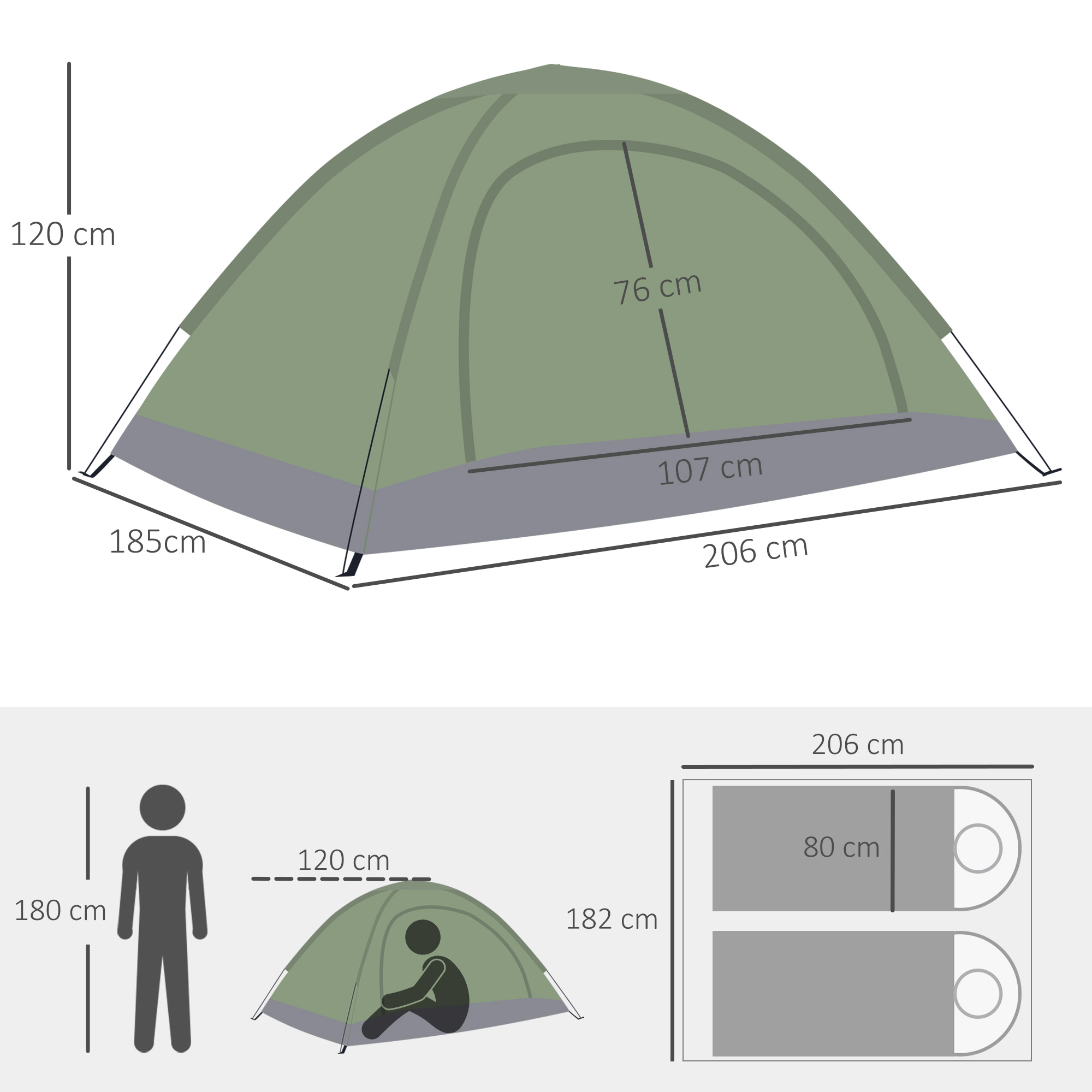 Tente de camping 2 personnes fibre verre polyester noir vert