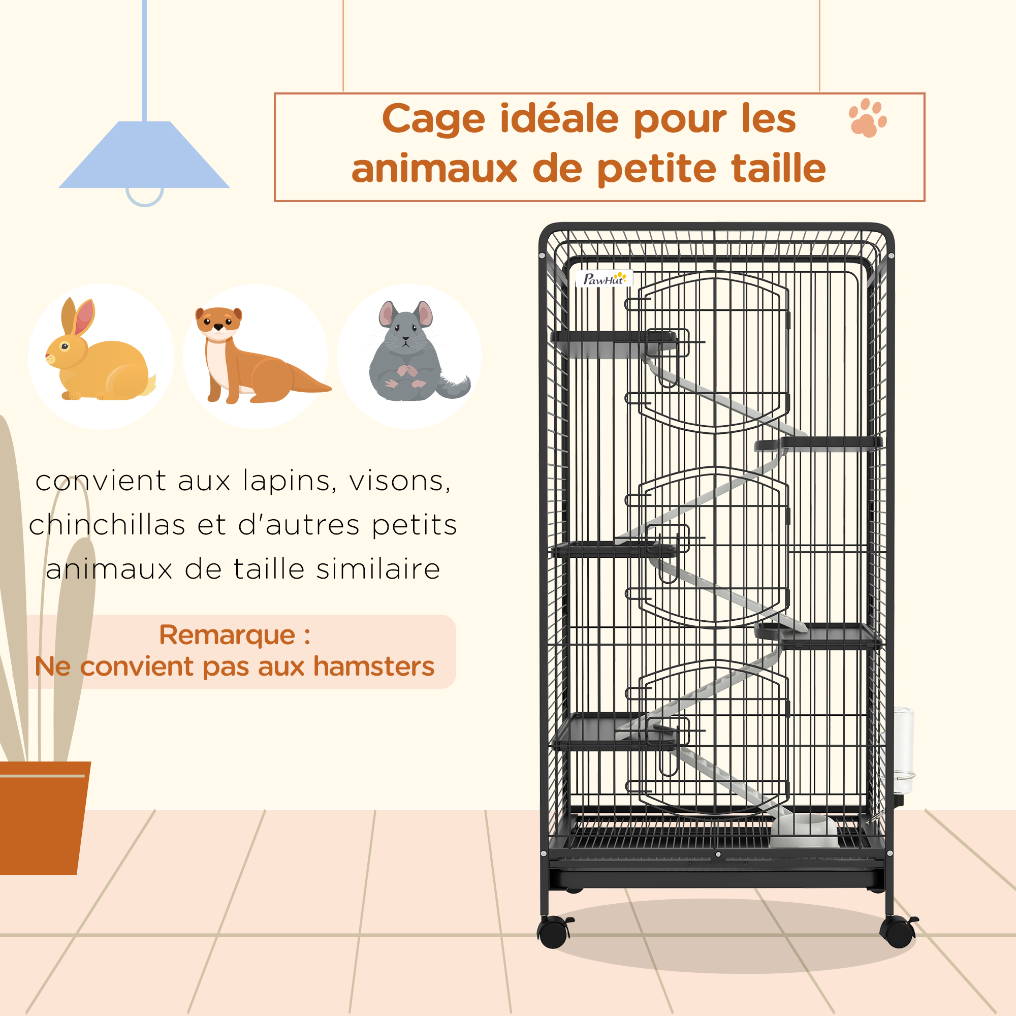 Cage pour petits animaux roulante nombreux accessoires métal PP noir