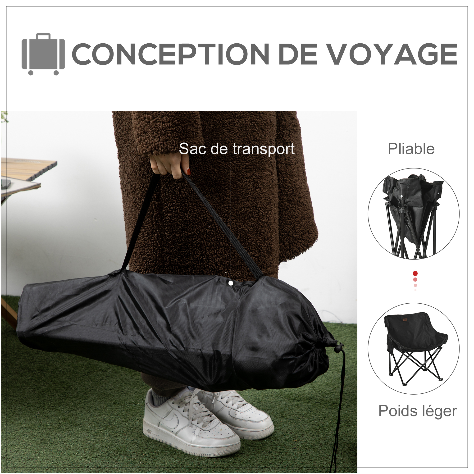 Chaise de camping pliable avec sac de transport