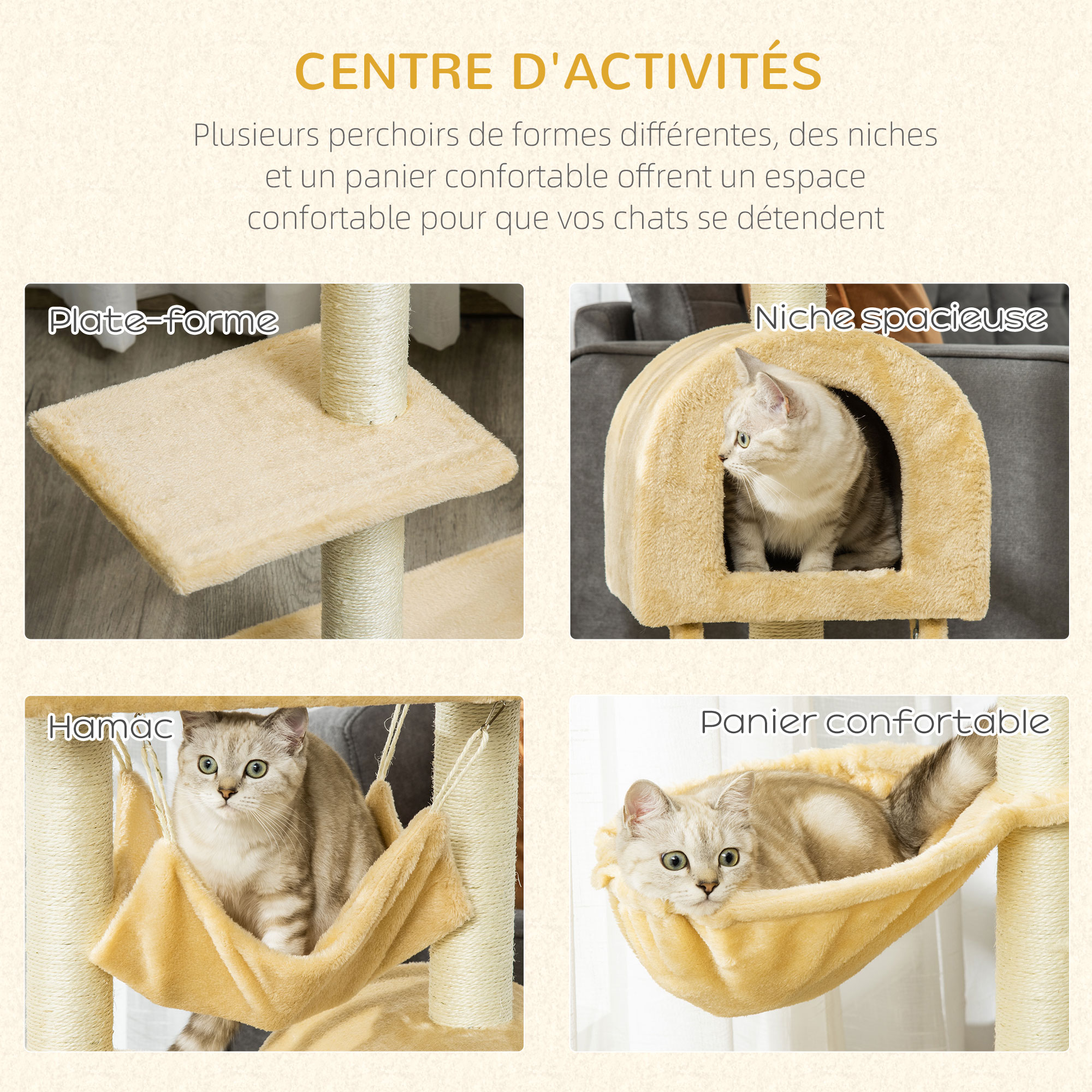 Arbre à chat style cosy chic nombreux équipements beige