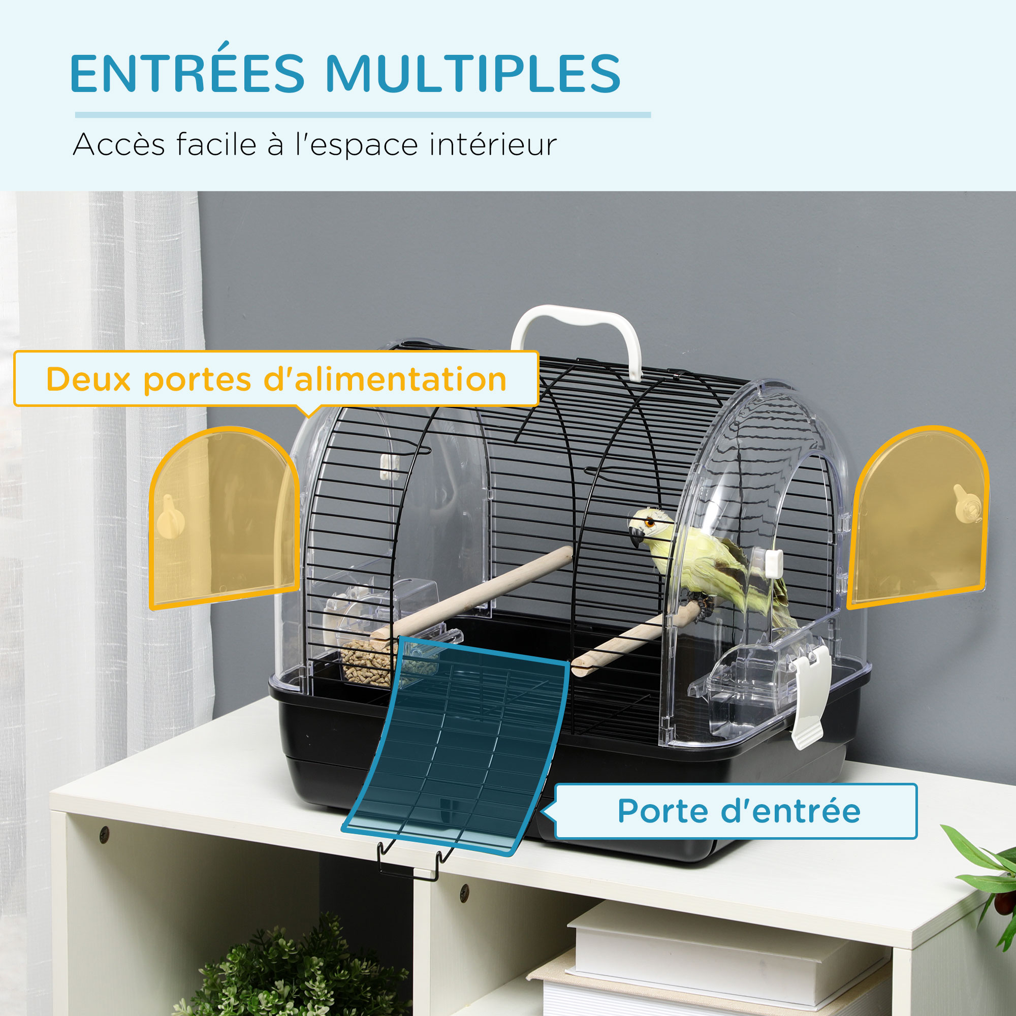 Cage à oiseaux portable 3 portes avec accessoires noir