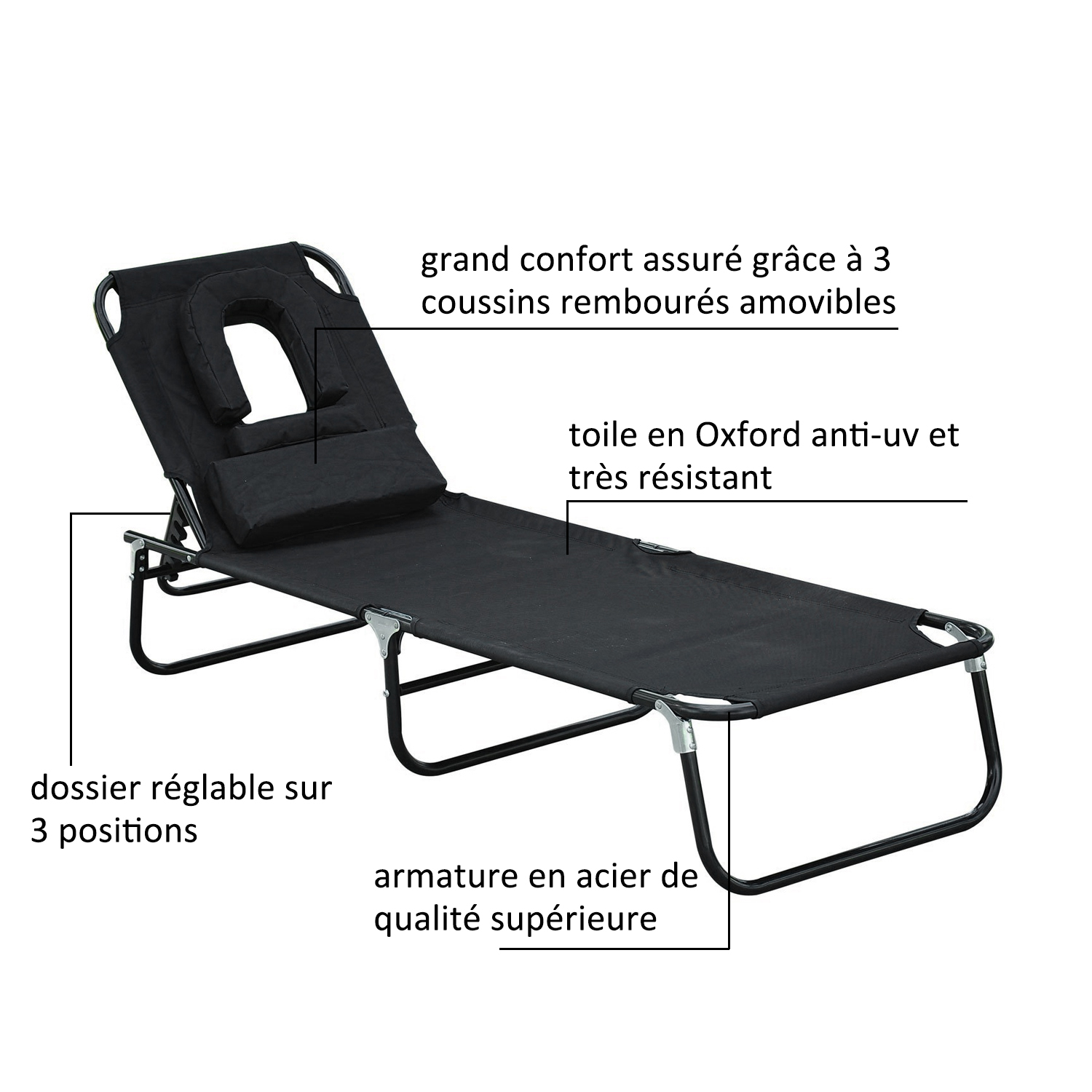 Bain de soleil inclinable pliable noir