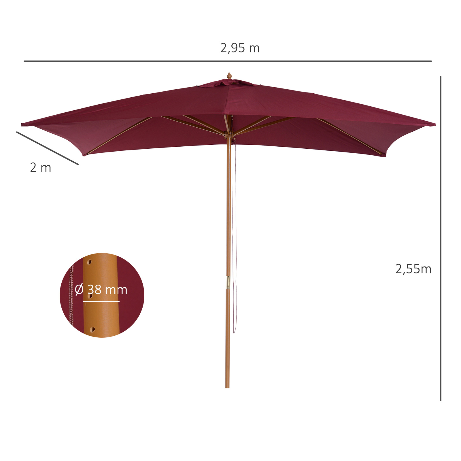 Parasol droit rectangulaire bordeaux