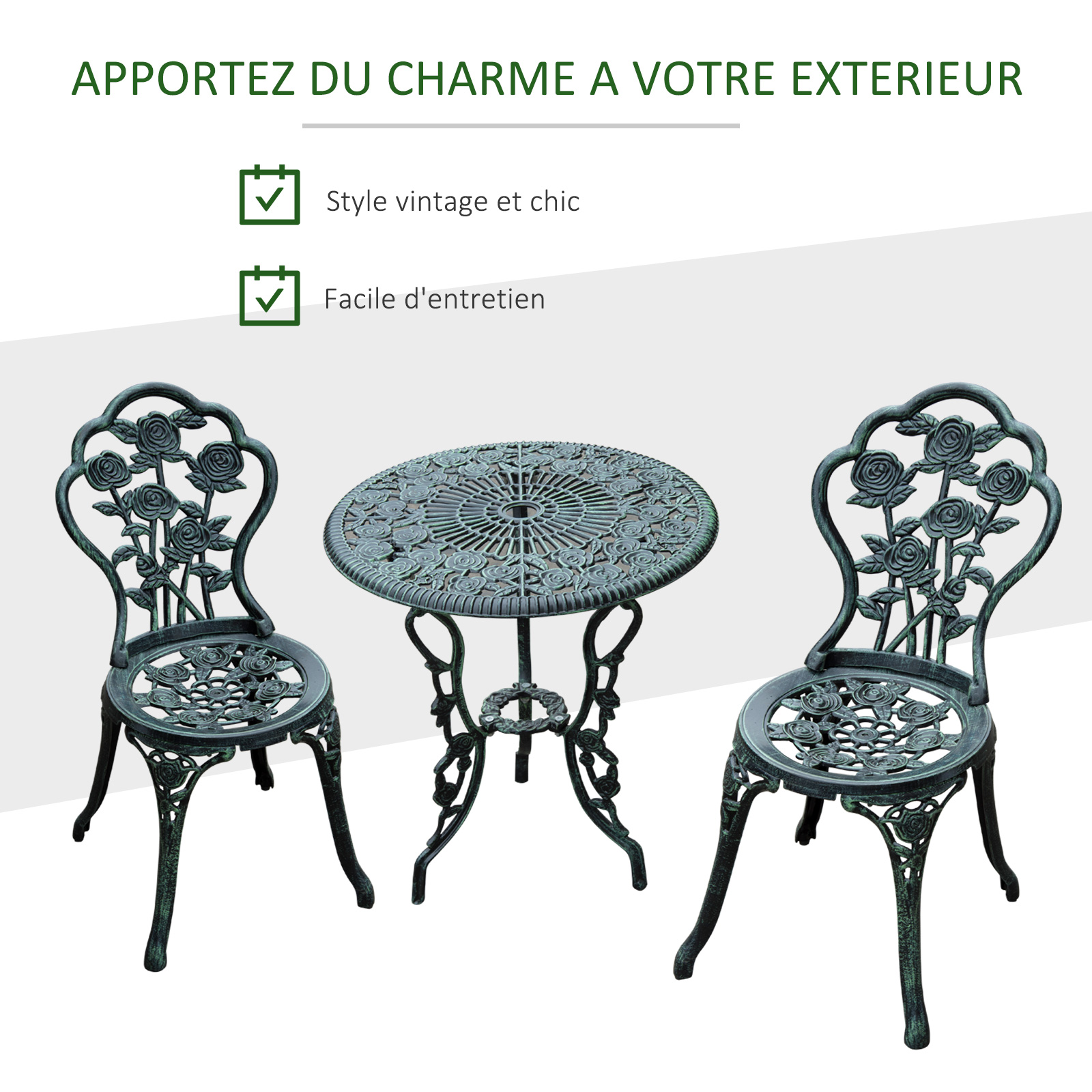 Ensemble jardin 2 places fonte d'aluminium vert vieilli