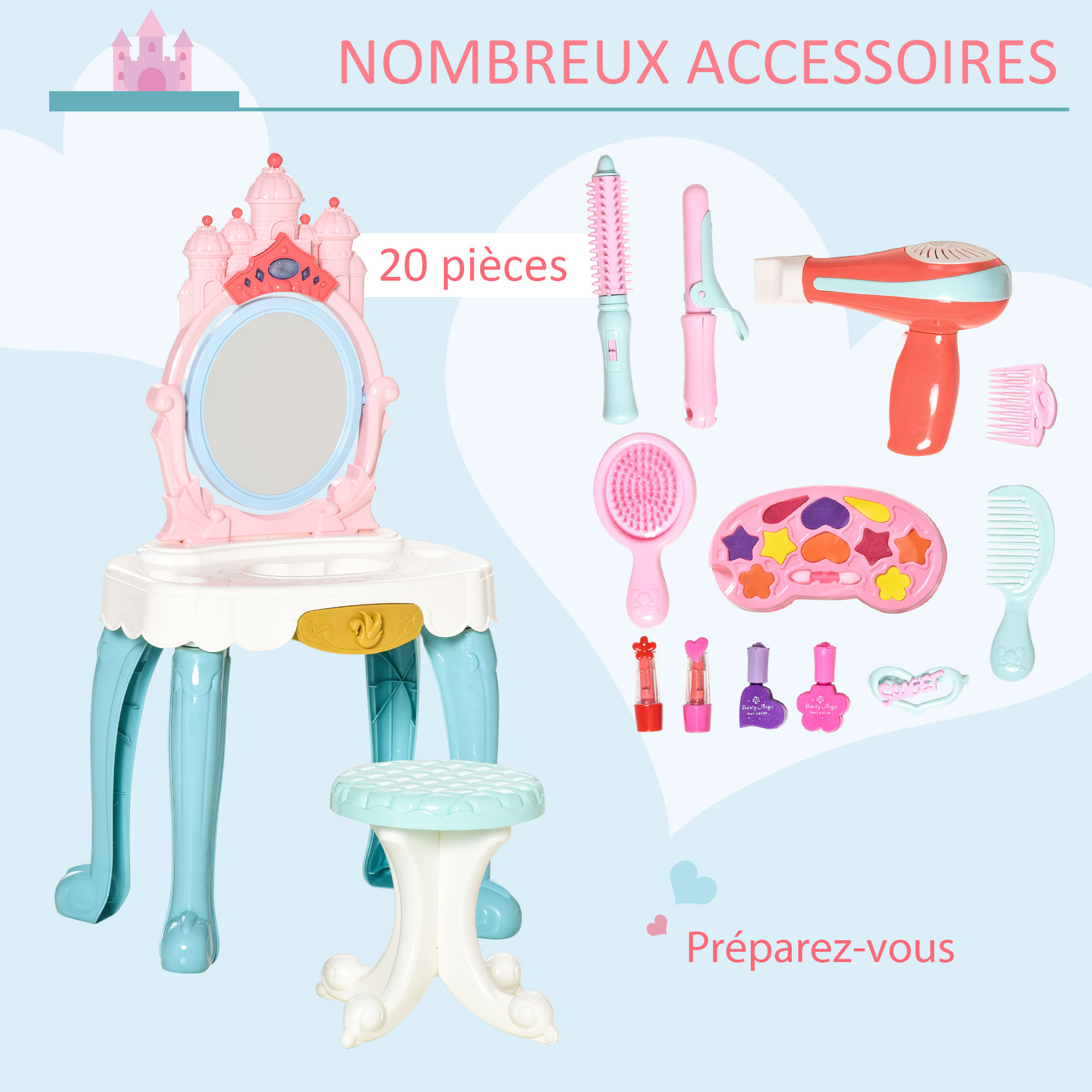 Coiffeuse enfant avec tabouret accessoires design château de princesse