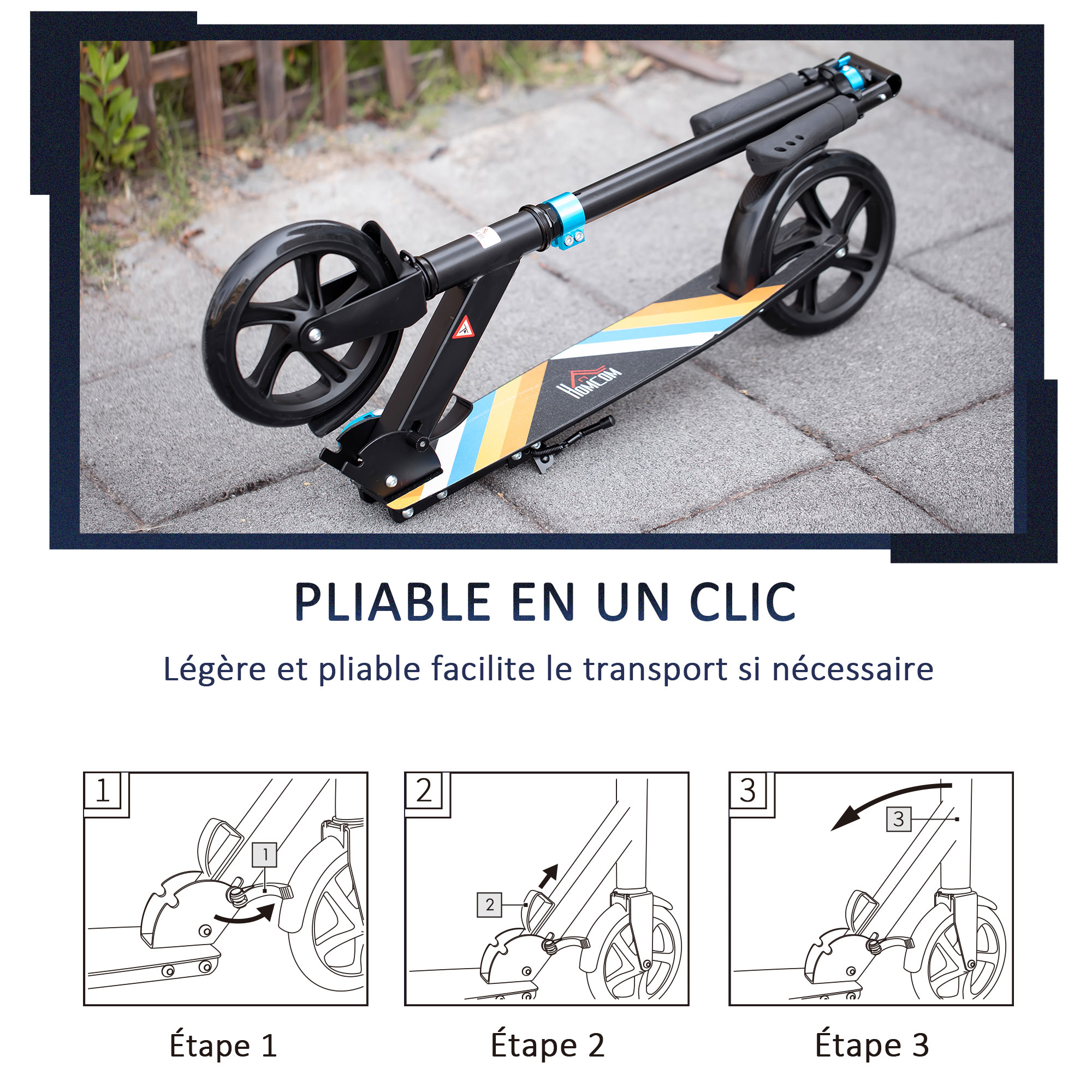 Trottinette pliable béquille frein guidon réglable alu. multicolore