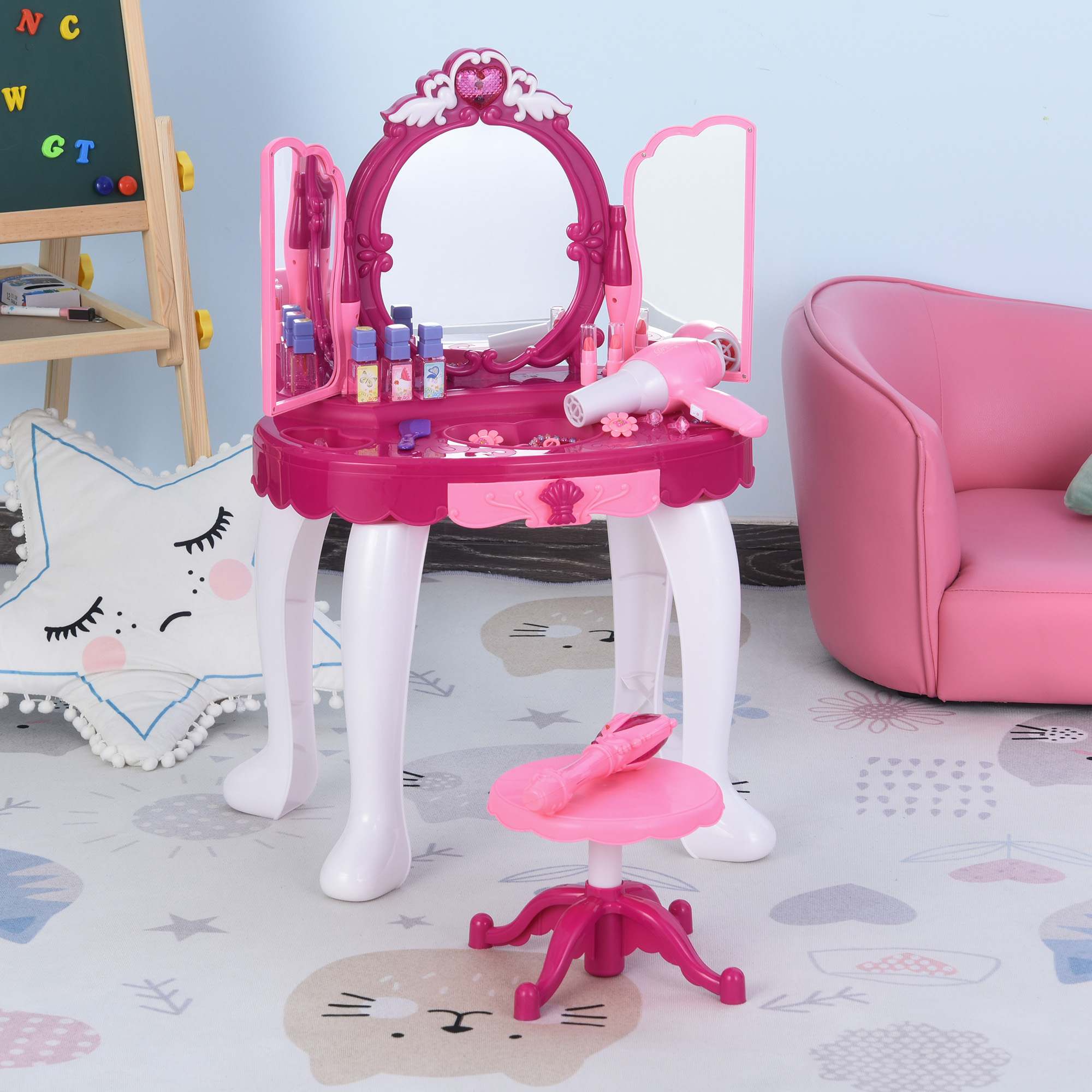 Coiffeuse Enfant Table de Maquillage Fonction de Lumière et de Musique Fuchsia Rose Blanc