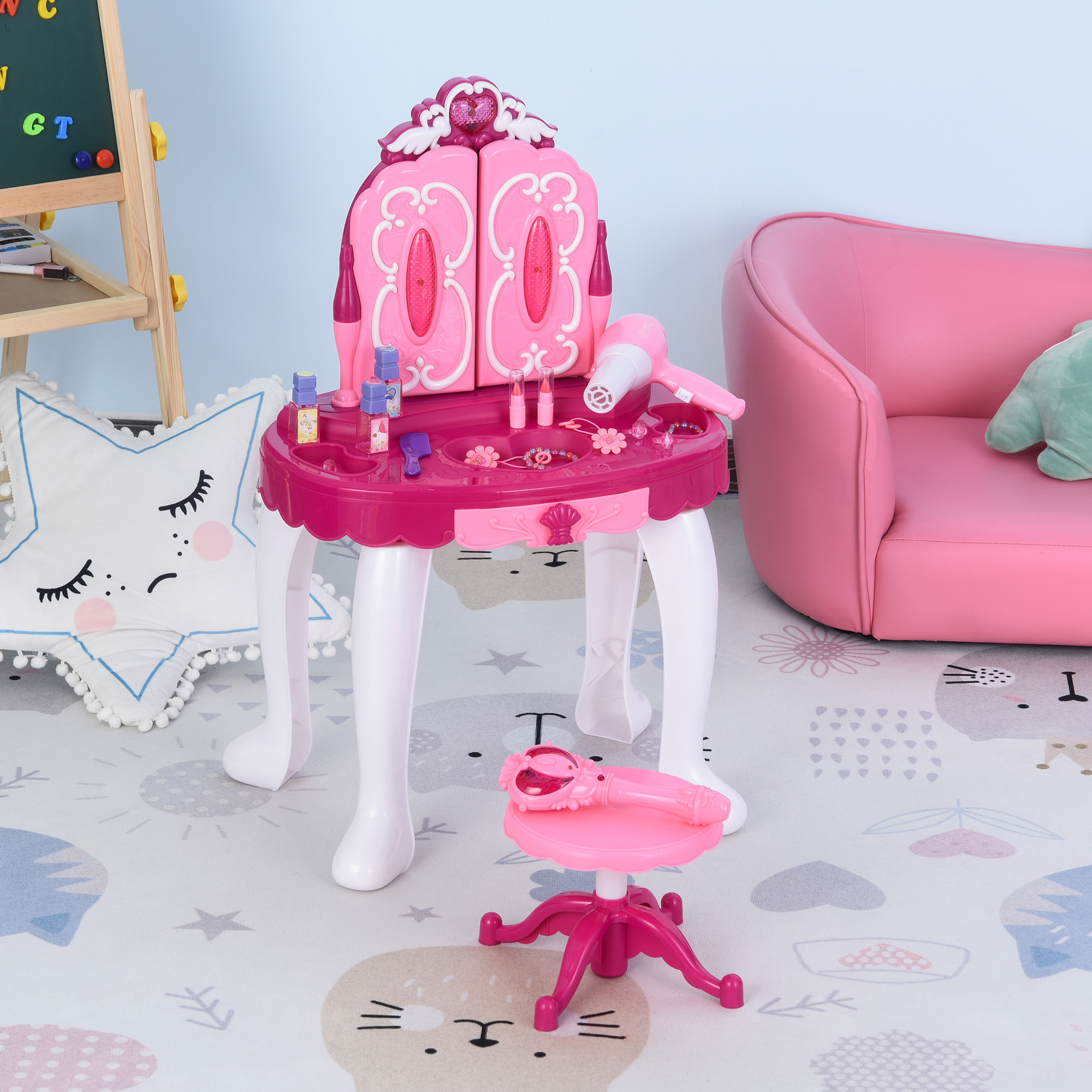 Coiffeuse Enfant Table de Maquillage Fonction de Lumière et de Musique Fuchsia Rose Blanc