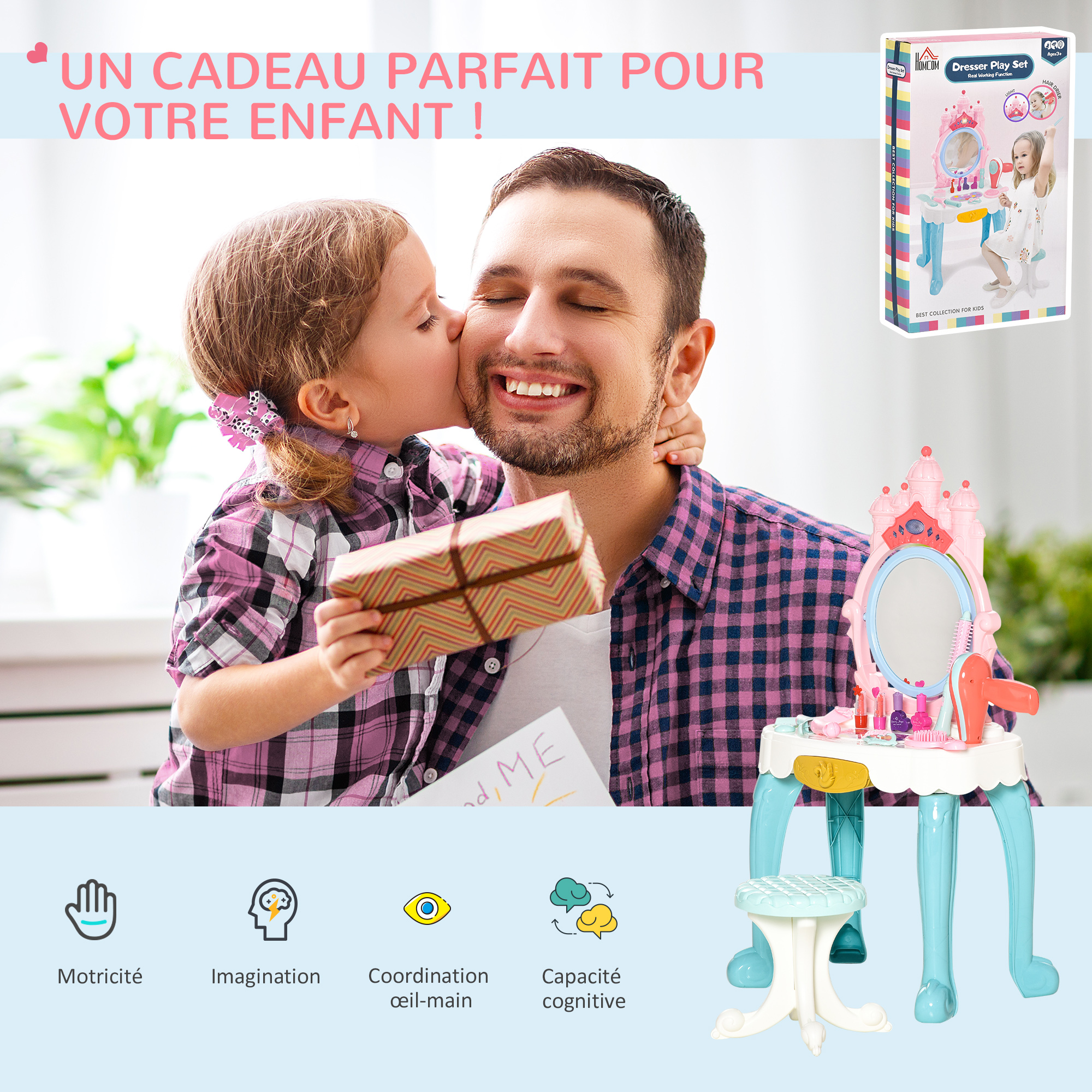 Coiffeuse enfant avec tabouret accessoires design château de princesse