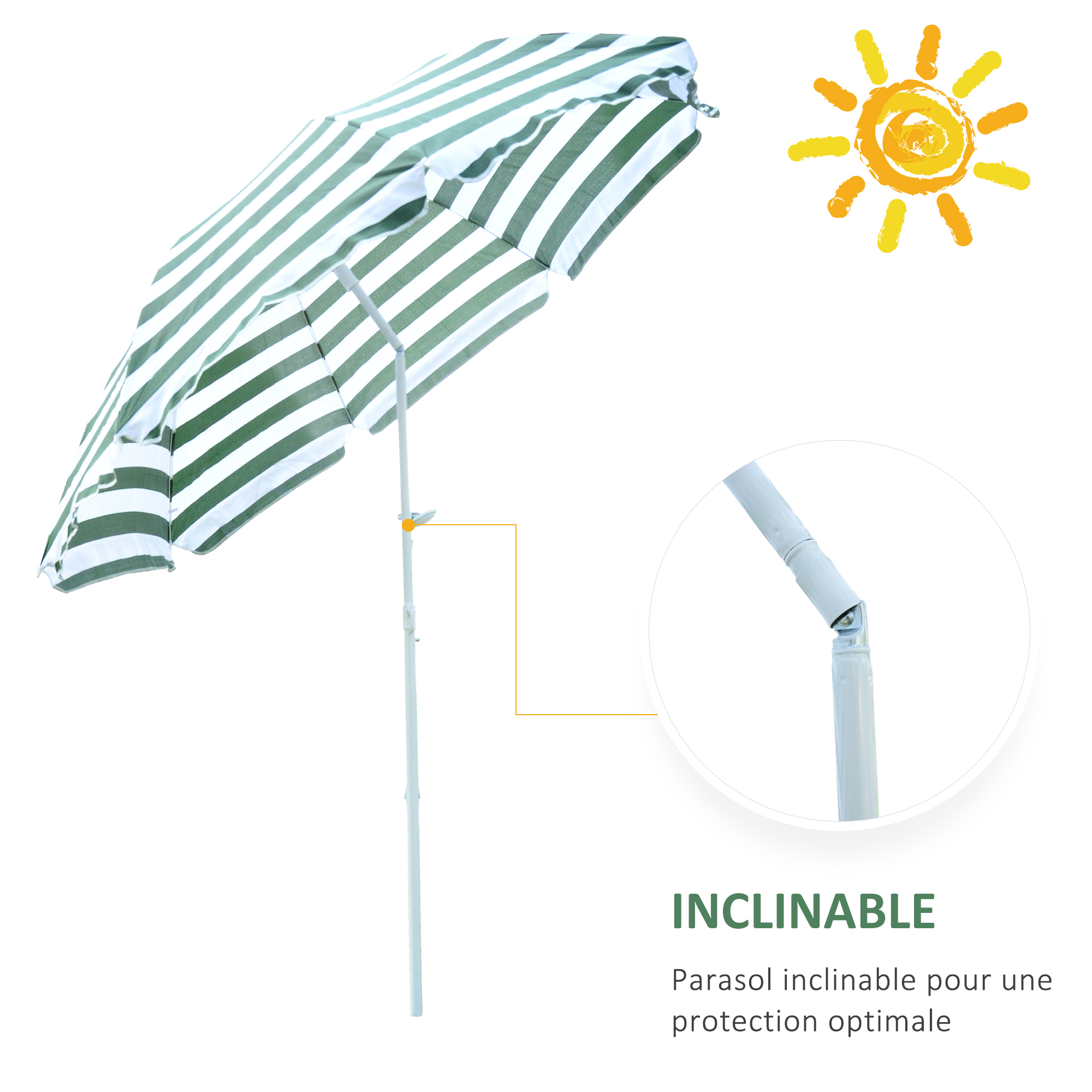 Parasol inclinable octogonal Ø 180 cm vert blanc rayé