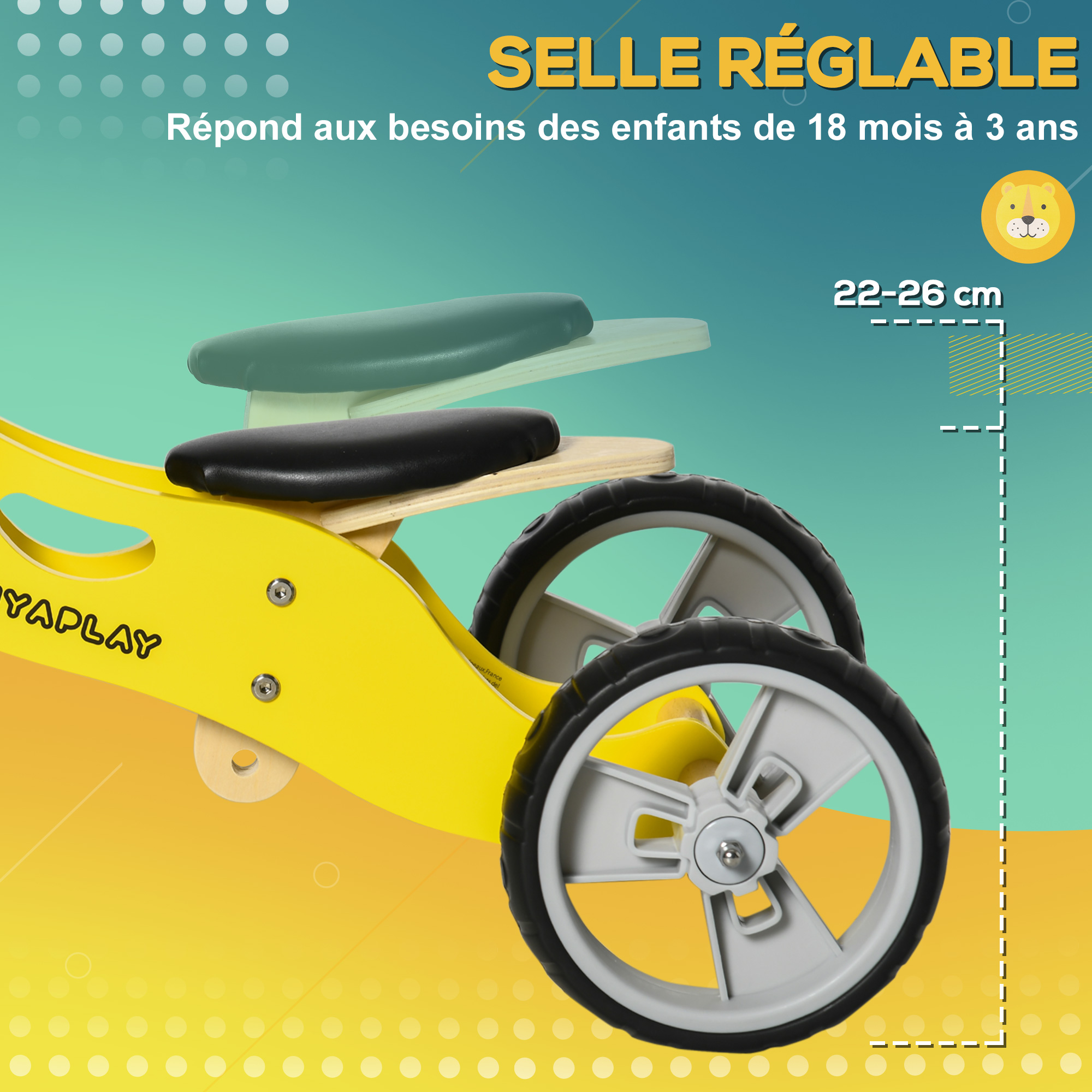 Tricycle draisienne enfant 2 en 1 selle réglable panneaux bois lion jaune