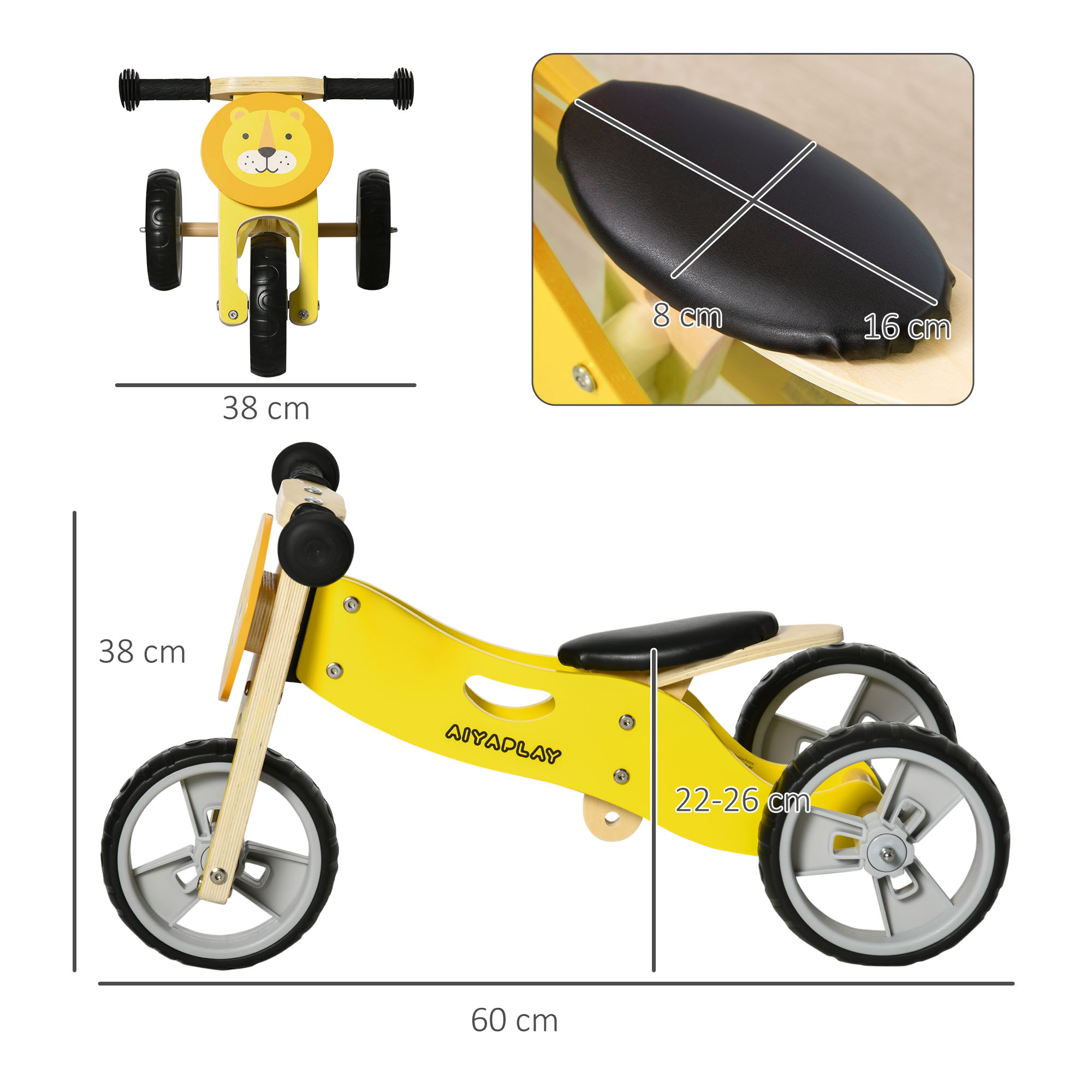 Tricycle draisienne enfant 2 en 1 selle réglable panneaux bois lion jaune